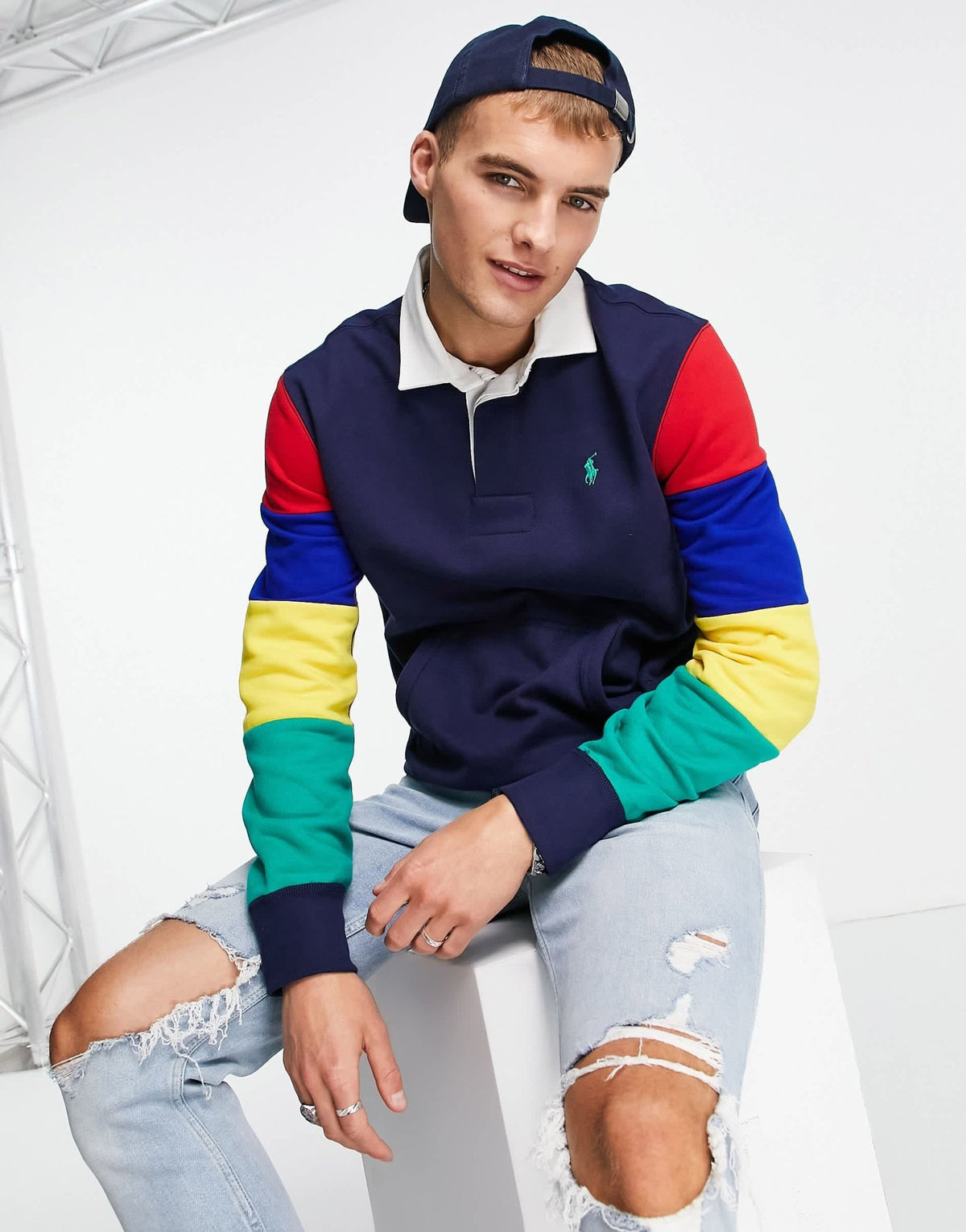 Polo Ralph Lauren contrast collar rainbow sleeve colourblock sweat rugby polo in navy - ASOS Sample Sale