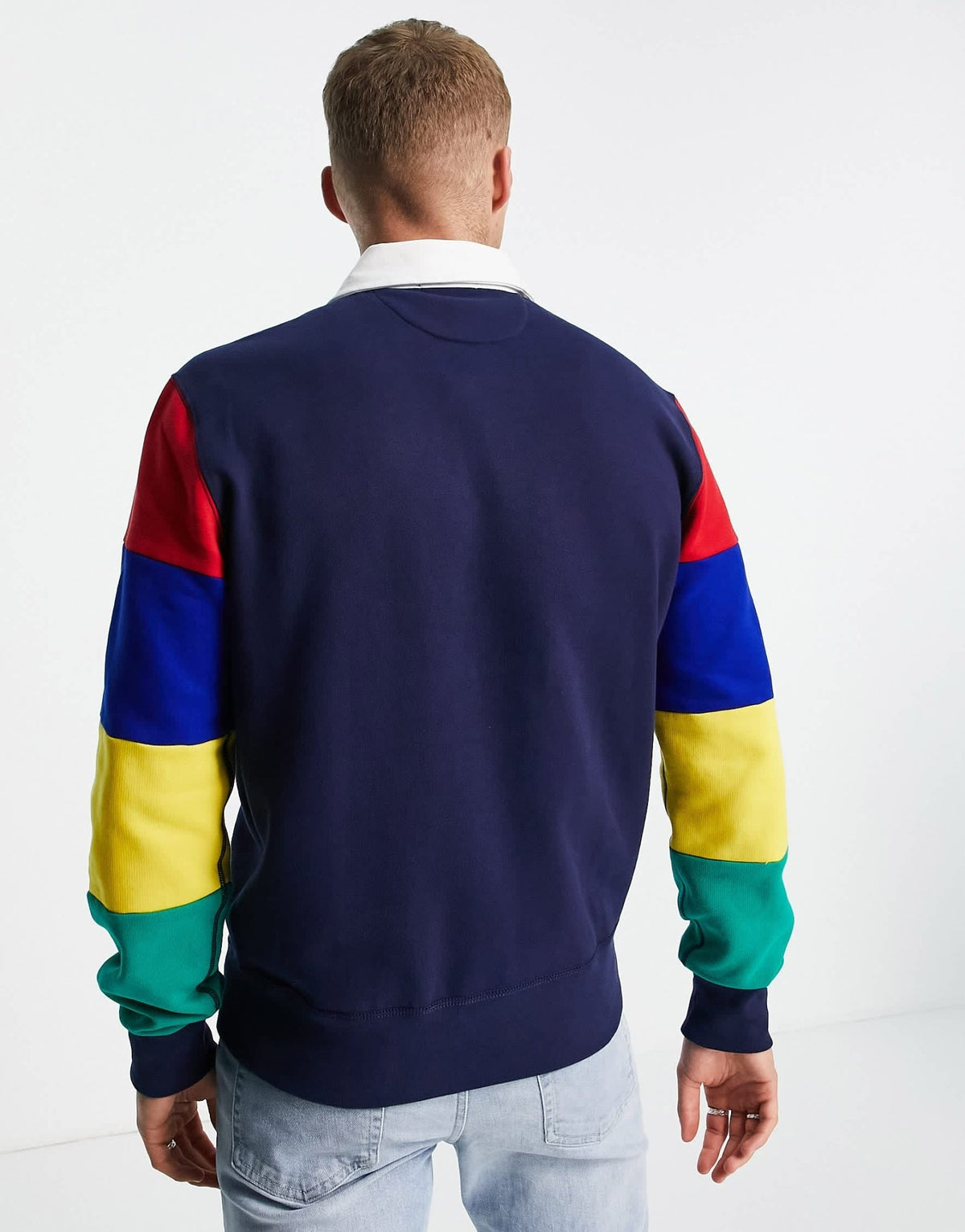Polo Ralph Lauren contrast collar rainbow sleeve colourblock sweat rugby polo in navy - ASOS Sample Sale