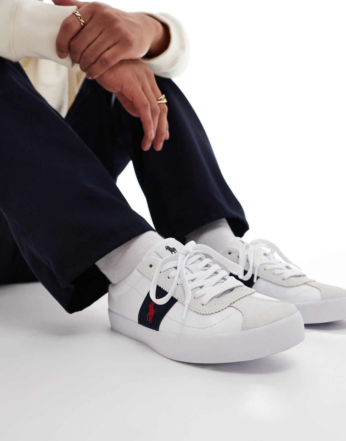 Polo Ralph Lauren Court Vulc leather suede mix trainer in white and navy - ASOS Sample Sale