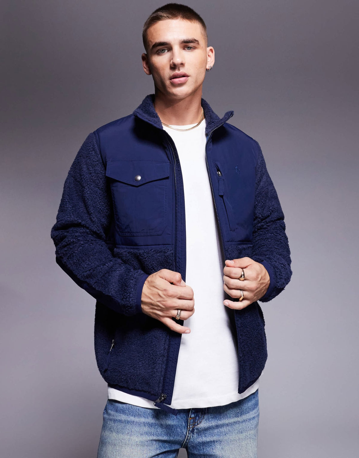 Polo Ralph Lauren icon logo borg sherpa hybrid jacket in navy - ASOS Sample Sale