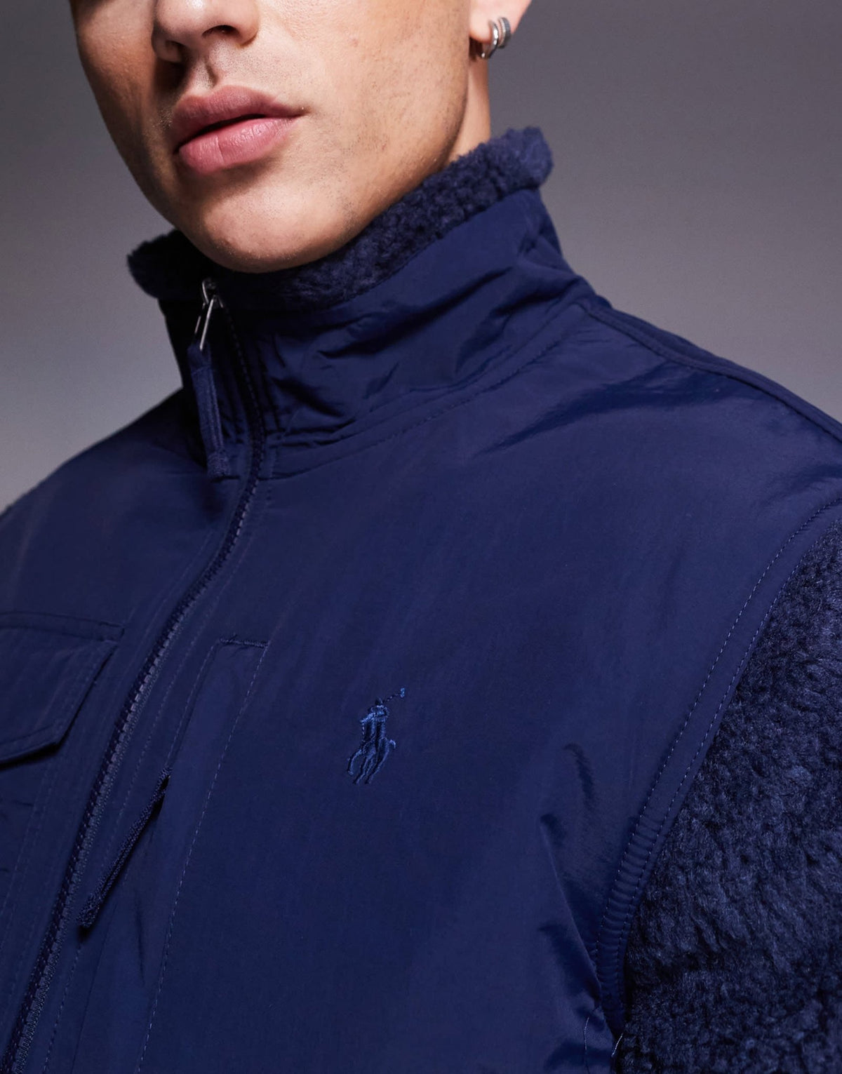Polo Ralph Lauren icon logo borg sherpa hybrid jacket in navy - ASOS Sample Sale