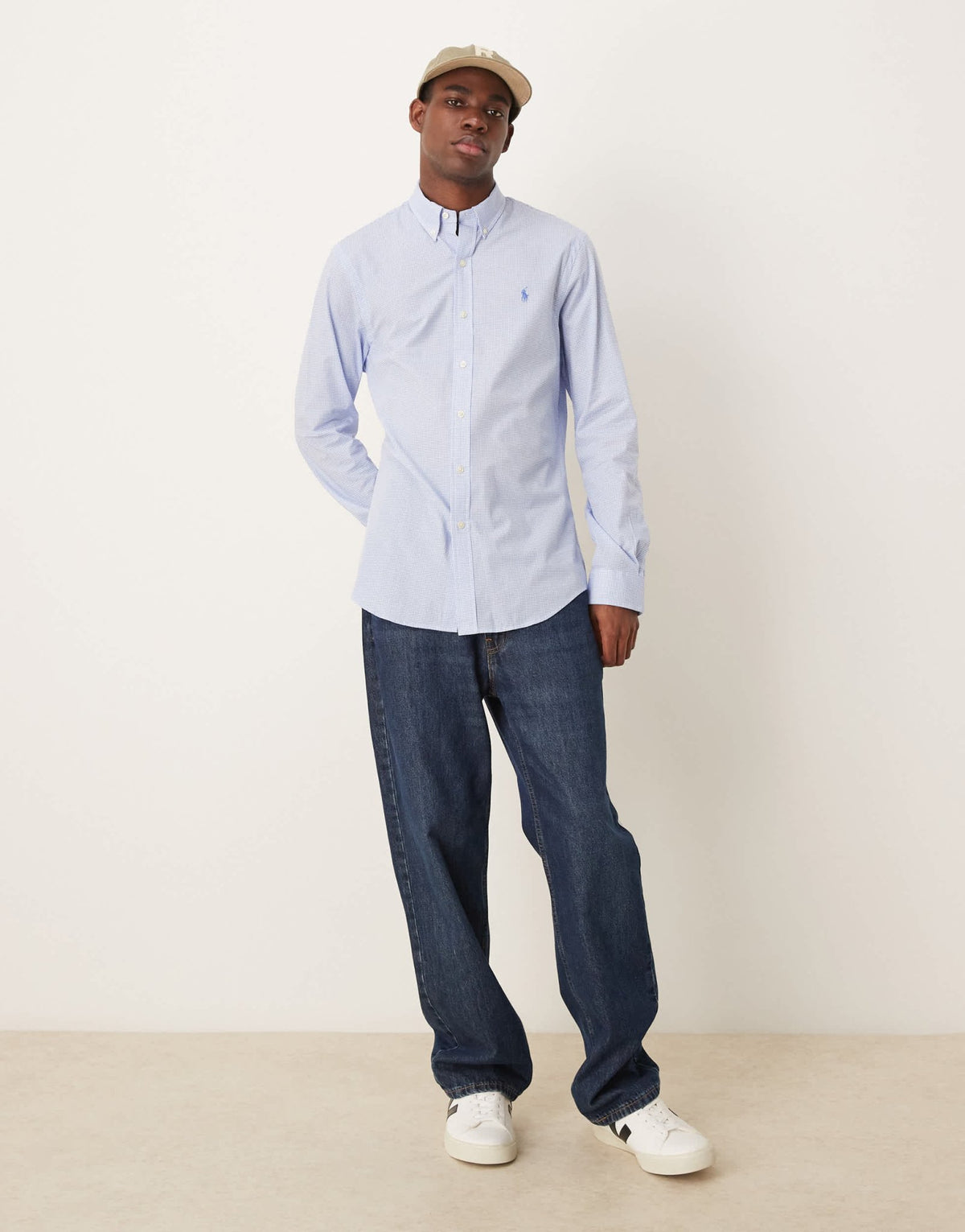 Polo Ralph Lauren icon logo slim fit houndstooth print stretch poplin shirt in light blue - ASOS Sample Sale