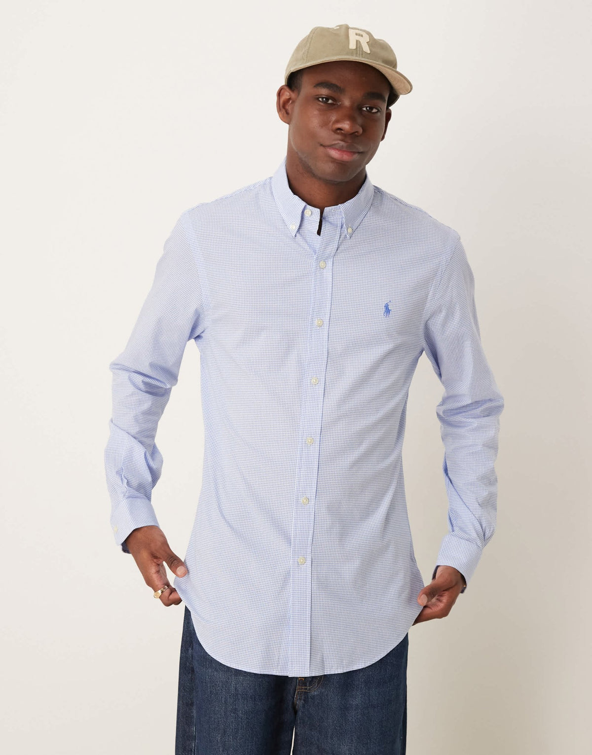 Polo Ralph Lauren icon logo slim fit houndstooth print stretch poplin shirt in light blue - ASOS Sample Sale