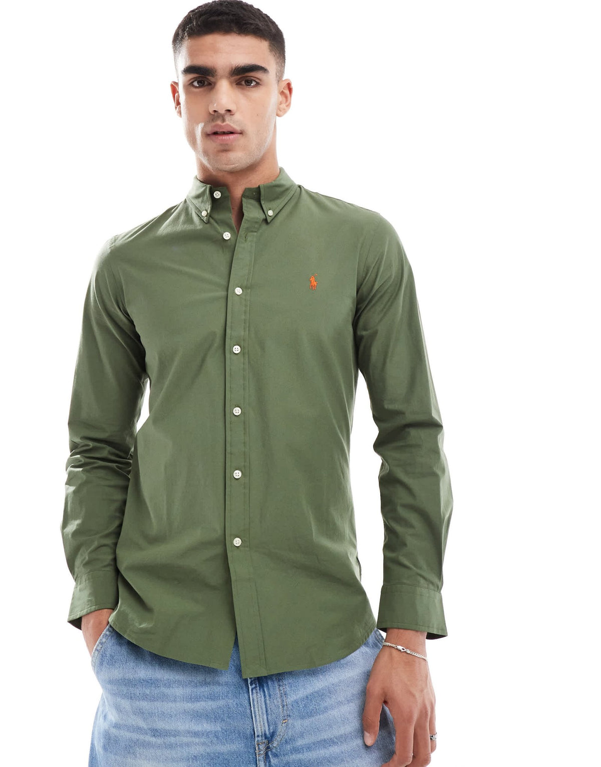 Polo Ralph Lauren icon logo slim fit poplin shirt in olive green - ASOS Sample Sale