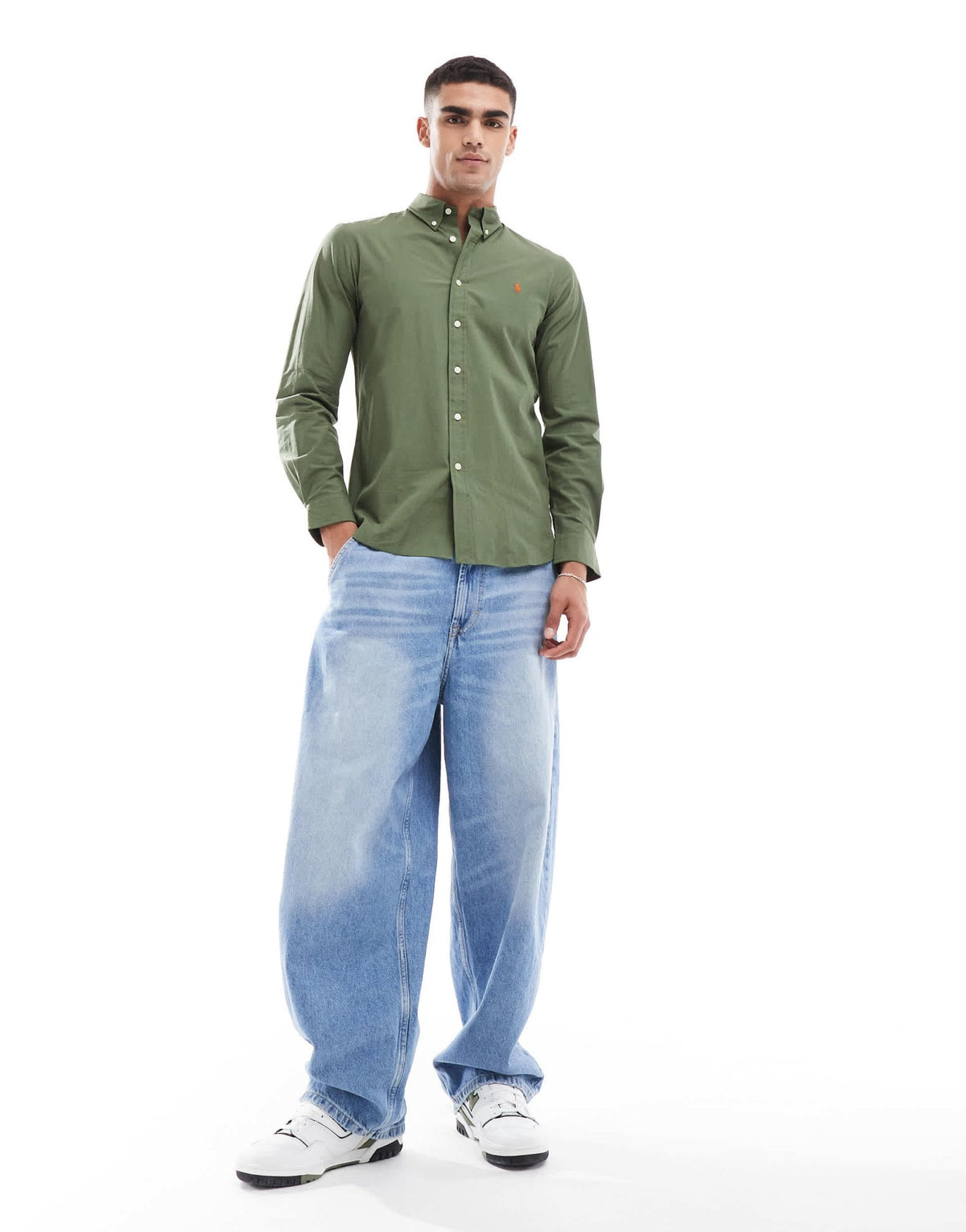 Polo Ralph Lauren icon logo slim fit poplin shirt in olive green - ASOS Sample Sale