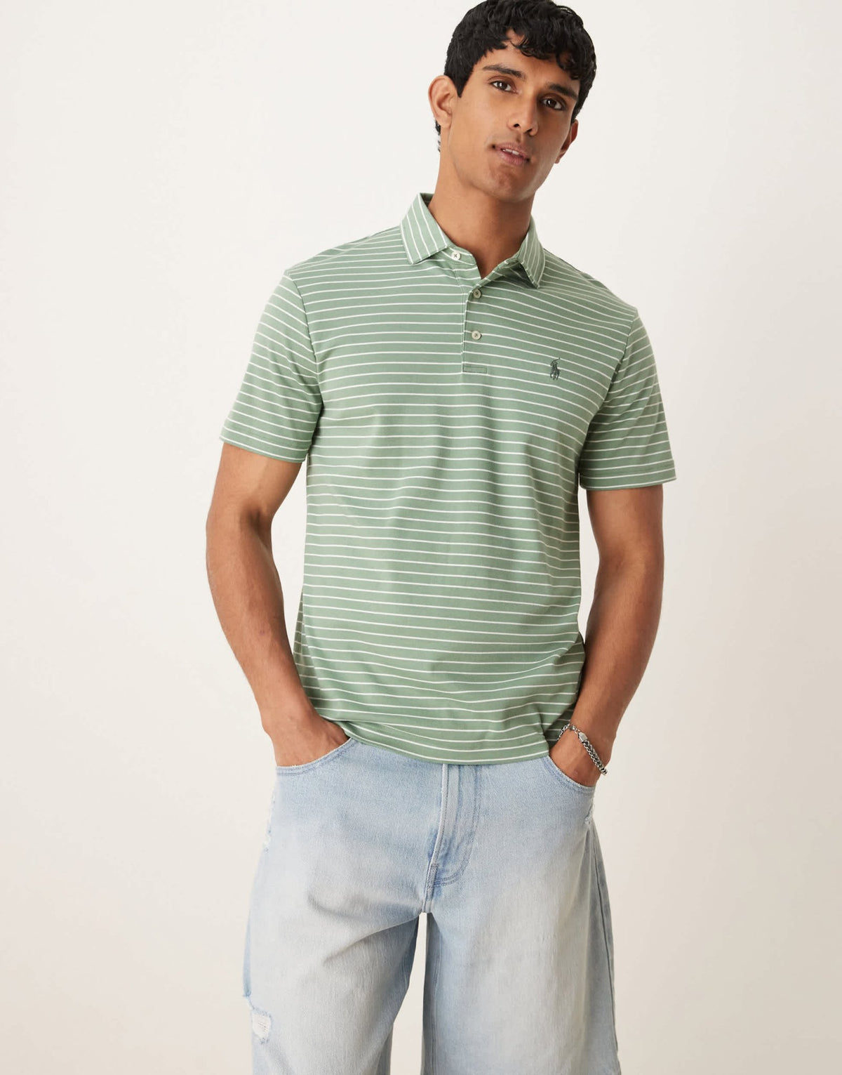 Polo Ralph Lauren icon logo stripe pima cotton polo in light green/white - ASOS Sample Sale