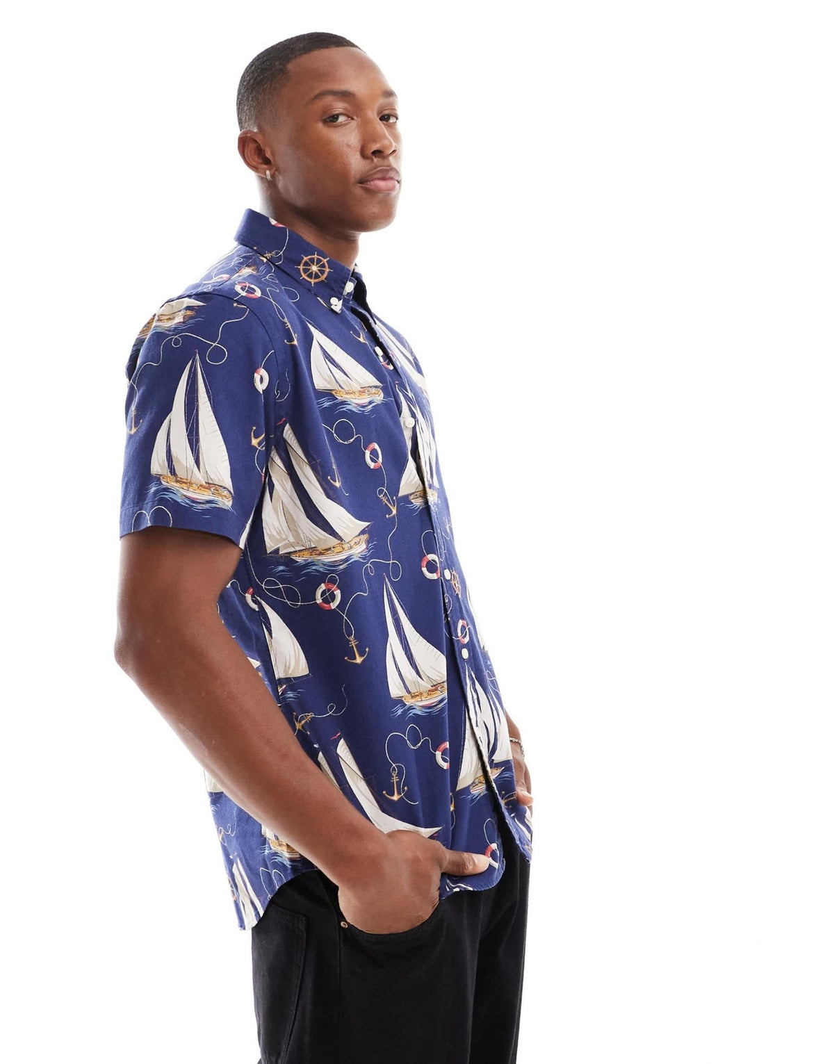 Polo Ralph Lauren short sleeve helm anchors print oxford shirt in navy - ASOS Sample Sale