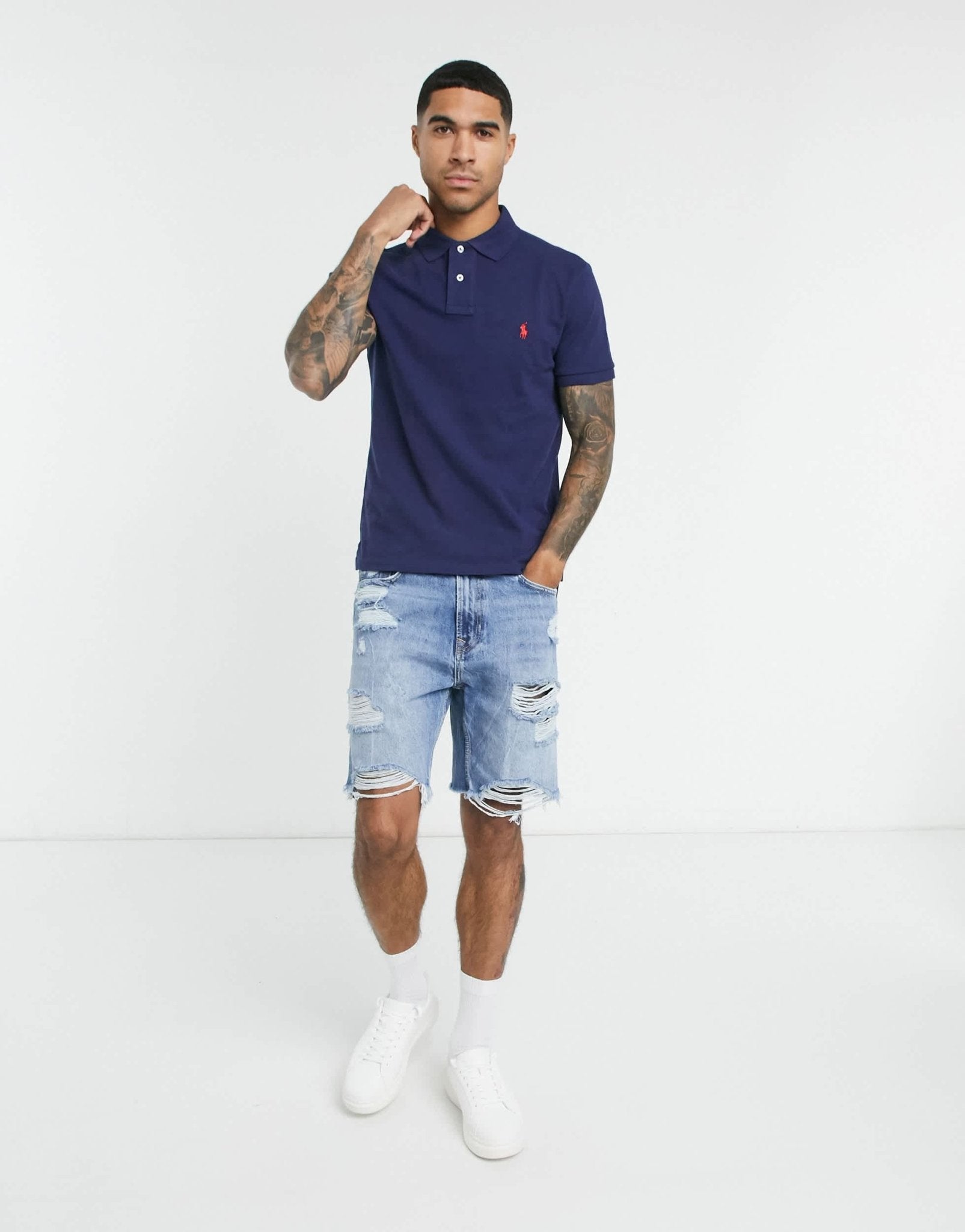 Polo Ralph Lauren slim fit pique polo with red player logo in washed navy - ASOS Sample Sale