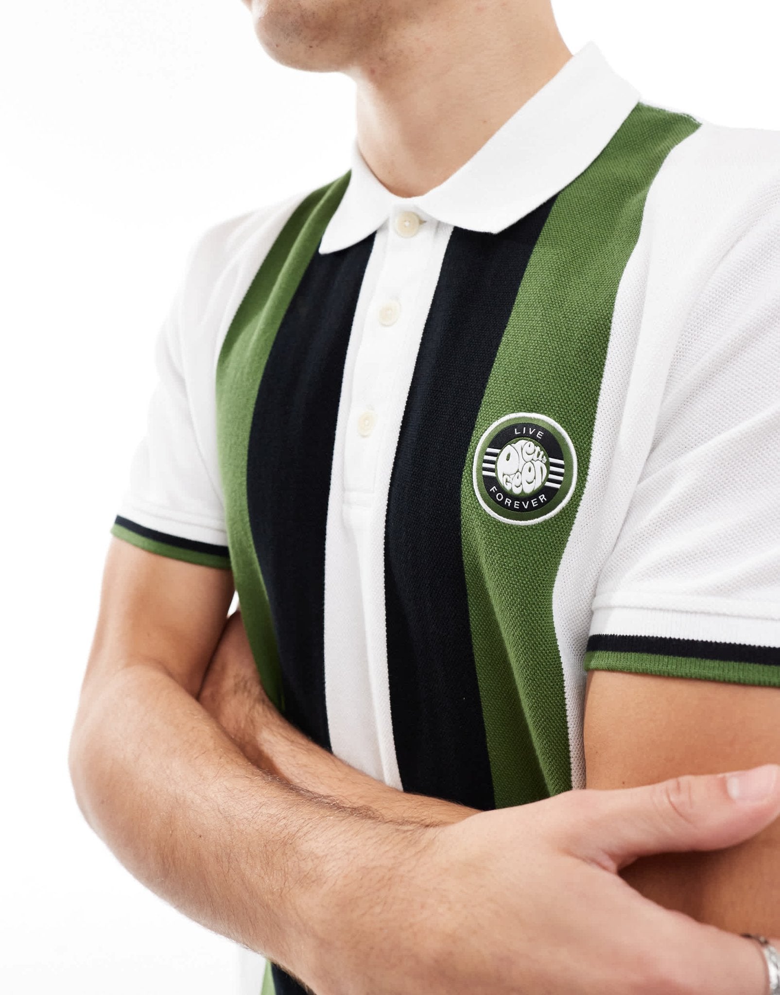 Pretty Green live forever engineered striped polo in white - ASOS Sample Sale