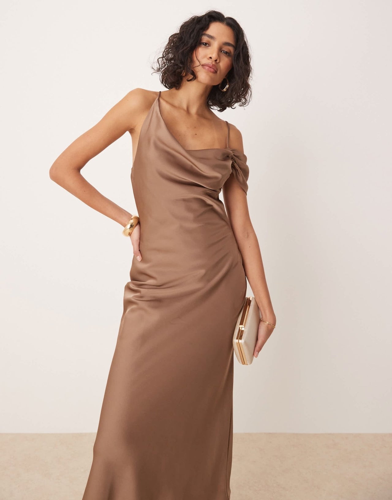 Pretty Lavish asymmetric cowl satin midaxi slip dress in mocha - ASOS Sample Sale