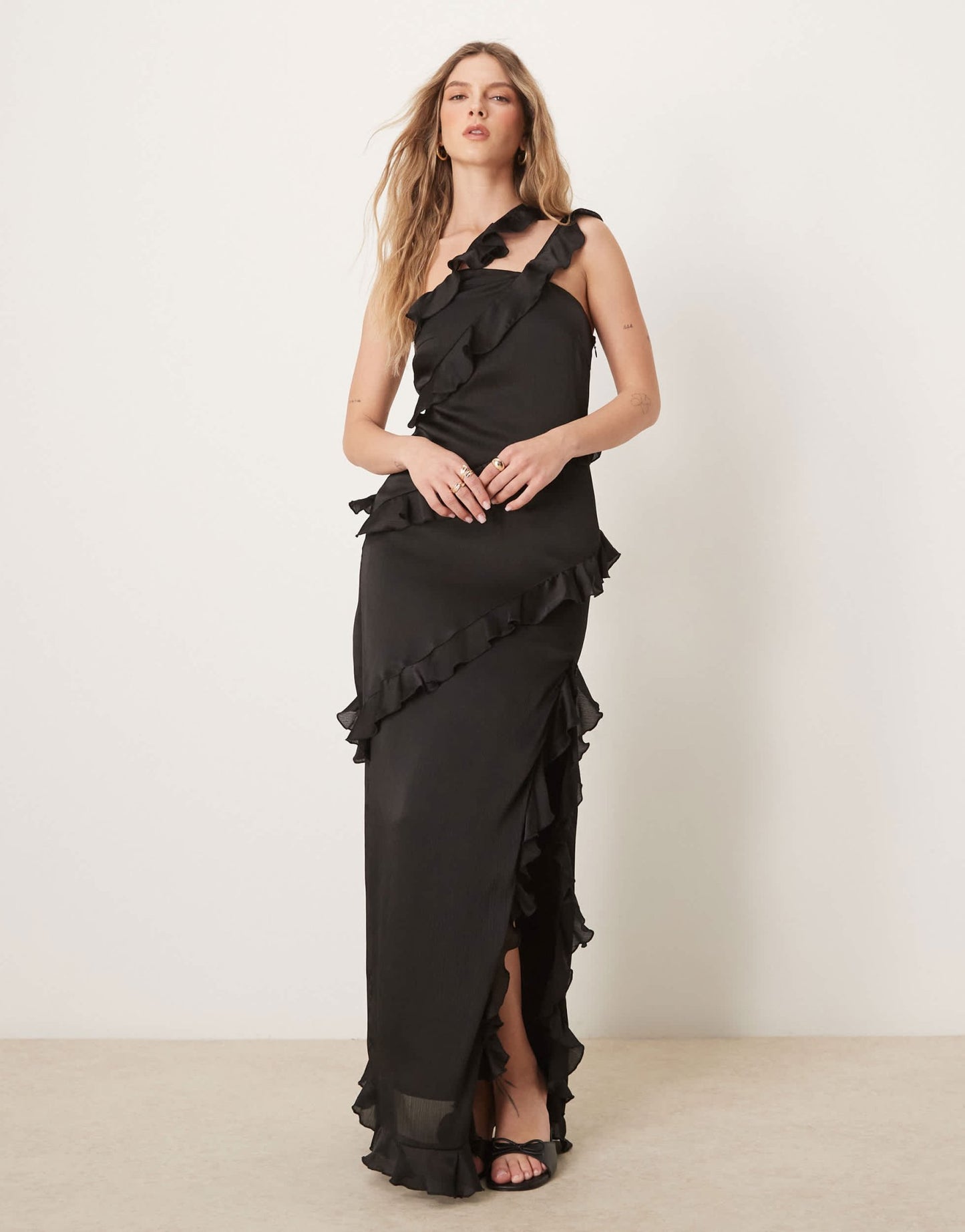 Pretty Lavish asymmetric ruffle one shoulder maxi dress in black - ASOS Sample Sale
