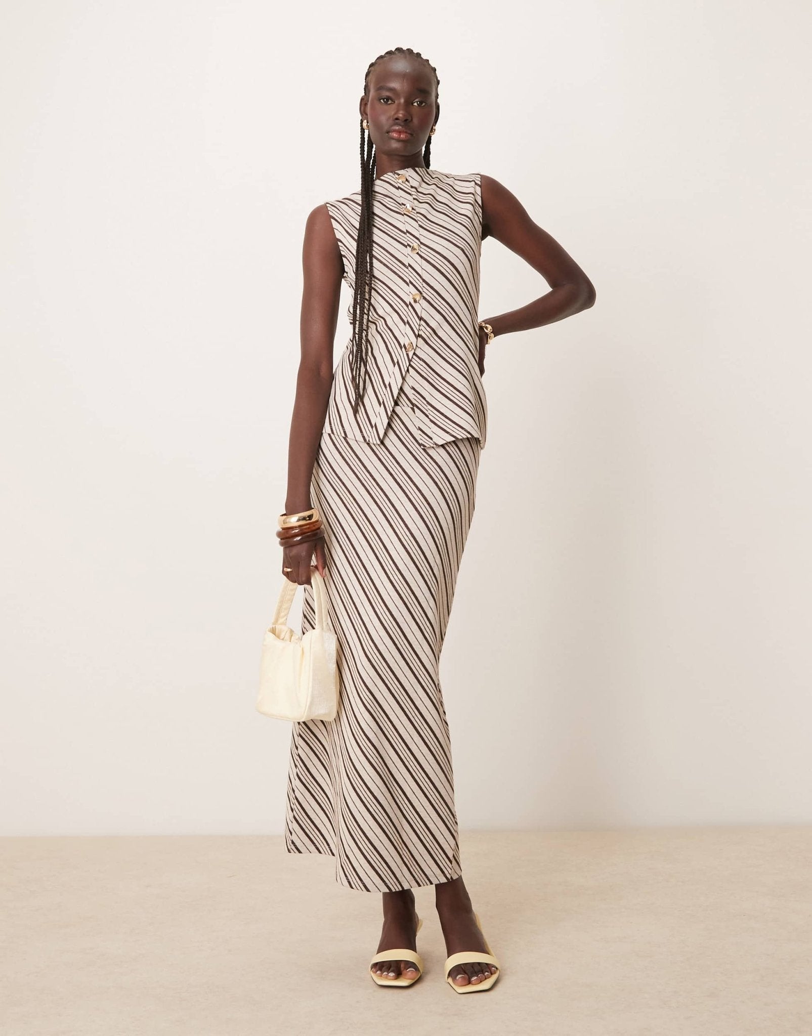 Pretty Lavish asymmetric stripe jersey top co - ord in brown and cream - ASOS Sample Sale