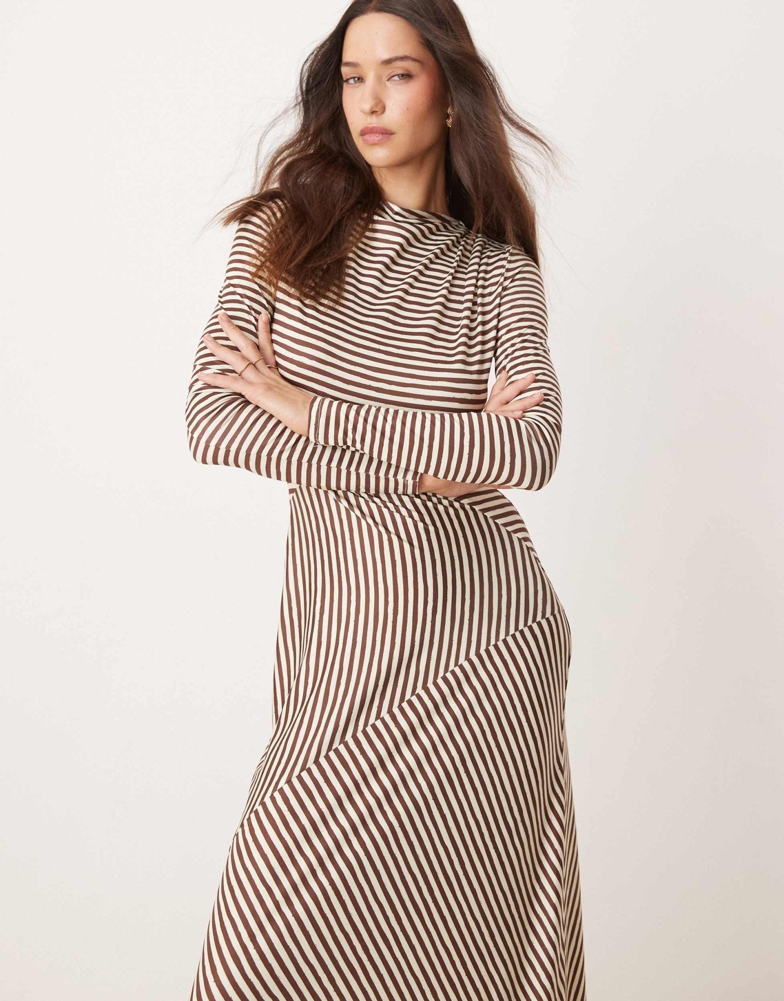 Pretty Lavish asymmetric stripe maxi dress in brown - ASOS Sample Sale