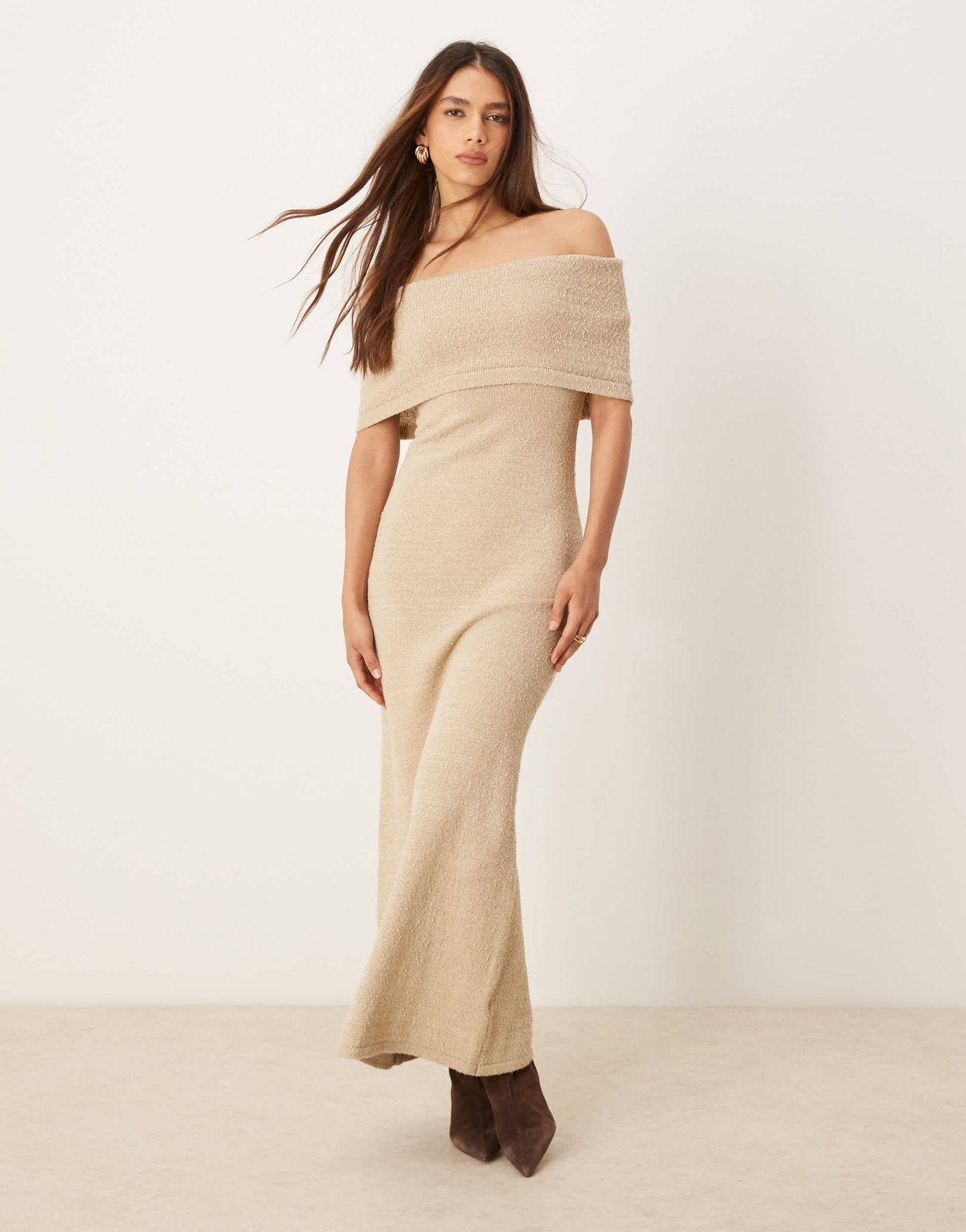 Pretty Lavish bardot knit midaxi dress in stone - ASOS Sample Sale