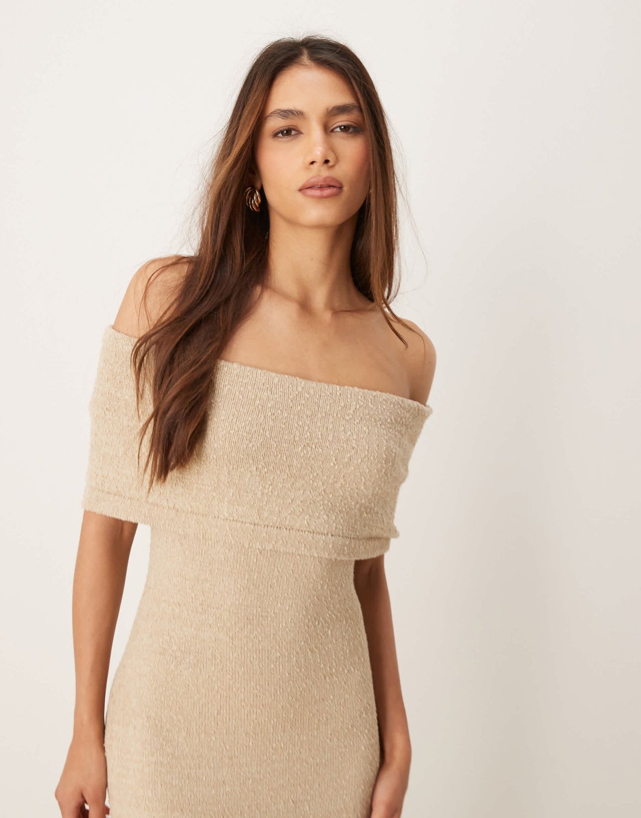 Pretty Lavish bardot knit midaxi dress in stone - ASOS Sample Sale