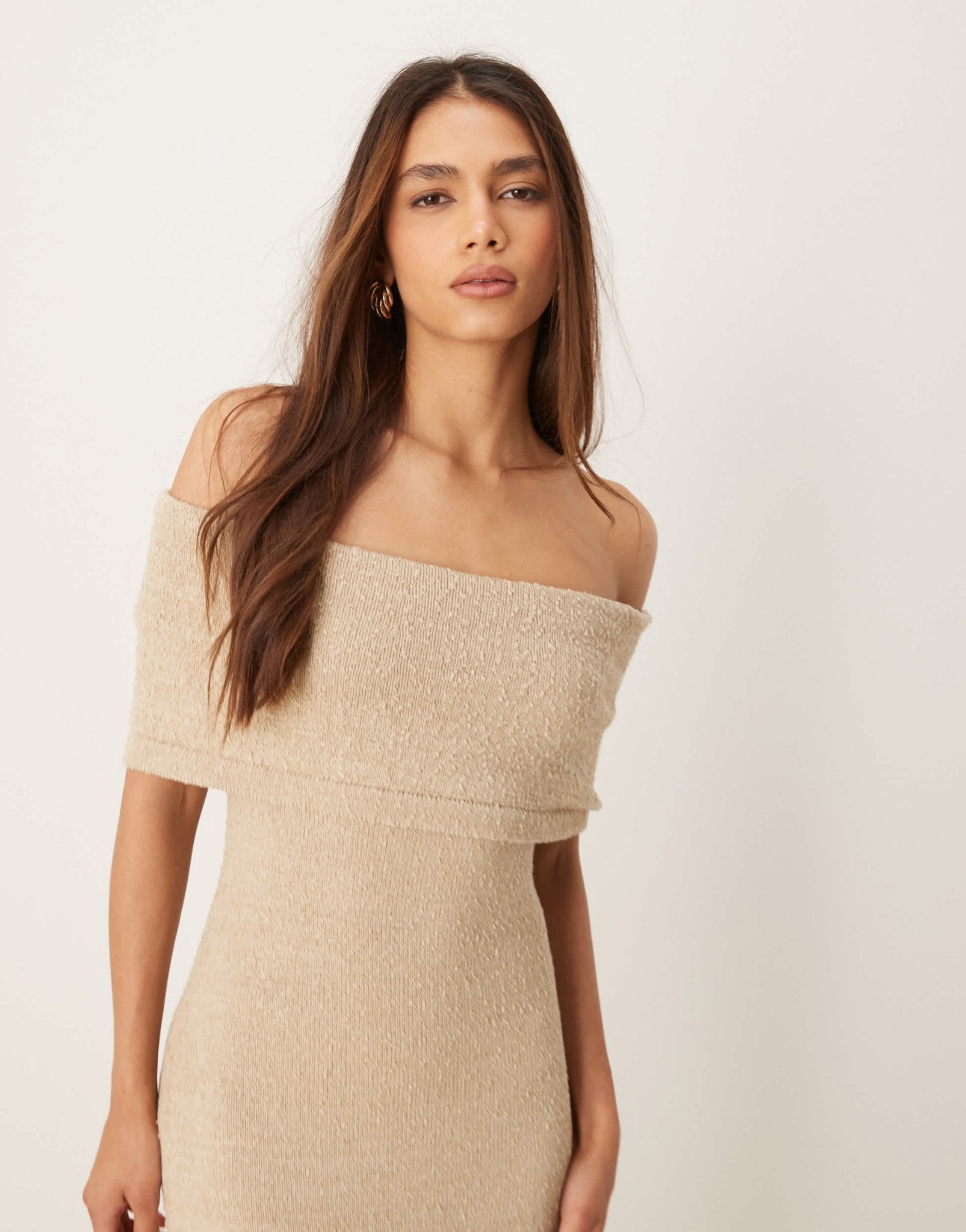 Pretty Lavish bardot knit midaxi dress in stone - ASOS Sample Sale