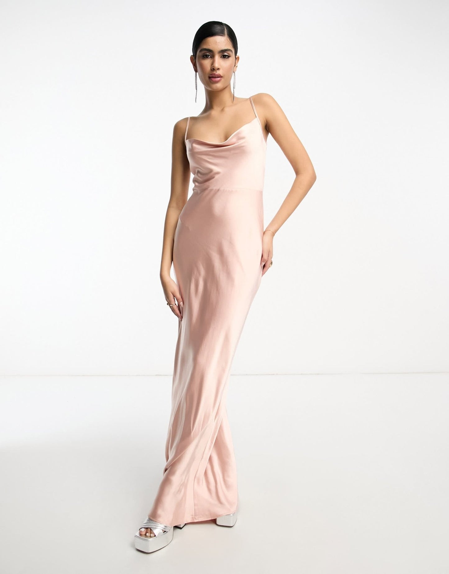 Pretty Lavish Bridesmaid Keisha cowl neck satin maxi dress in blush - ASOS Sample Sale
