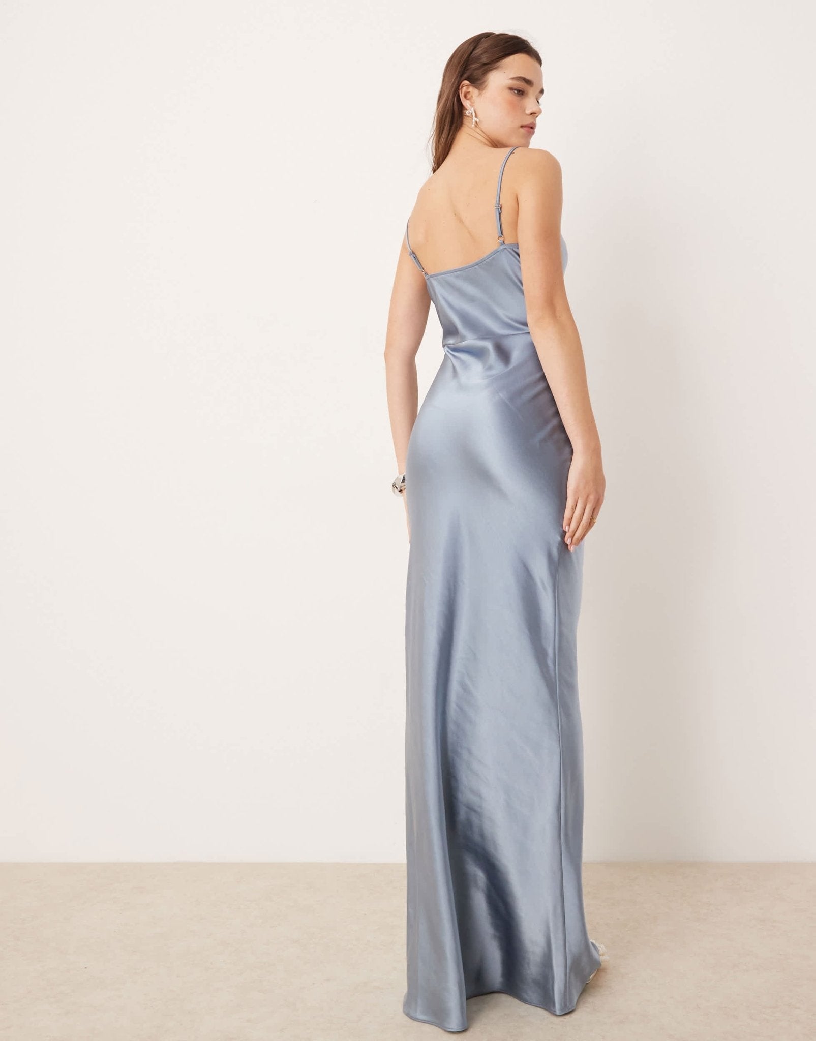 Pretty Lavish Bridesmaid Keisha cowl neck satin maxi dress in dusty blue - ASOS Sample Sale