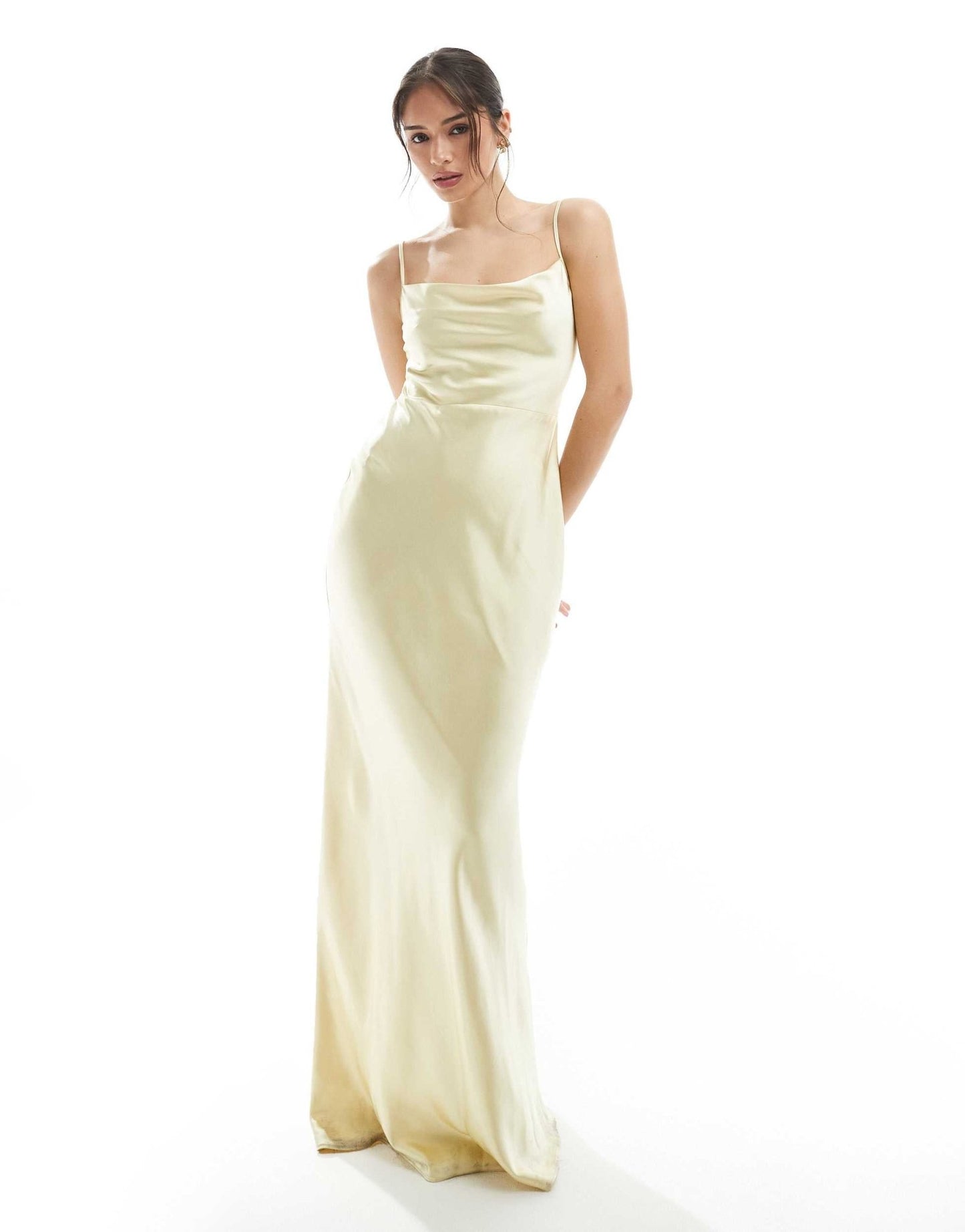 Pretty Lavish Bridesmaid Keisha cowl neck satin maxi dress in lemon - ASOS Sample Sale