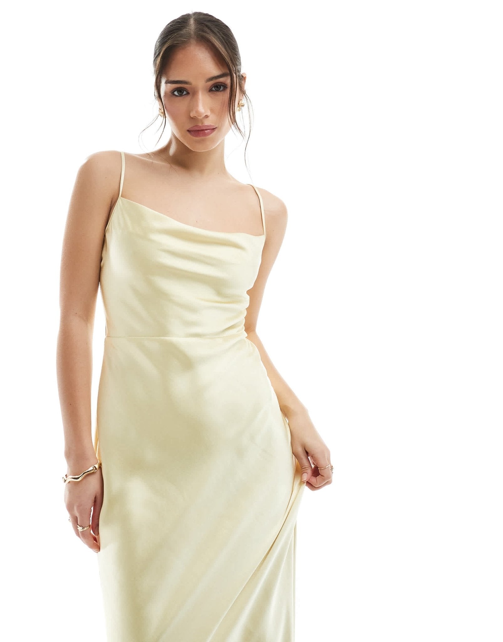 Pretty Lavish Bridesmaid Keisha cowl neck satin maxi dress in lemon - ASOS Sample Sale