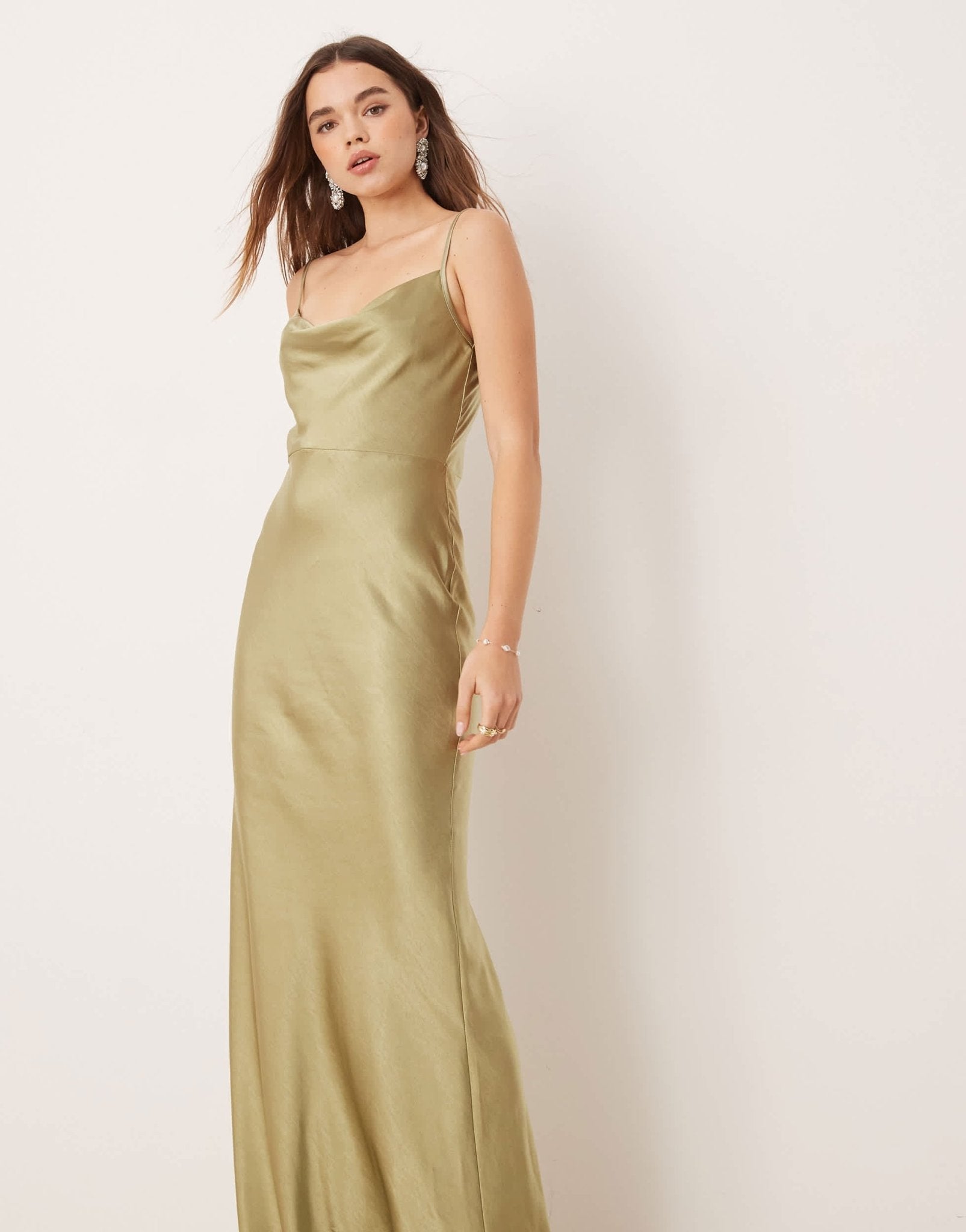Pretty Lavish Bridesmaid Keisha cowl neck satin maxi dress in olive - ASOS Sample Sale