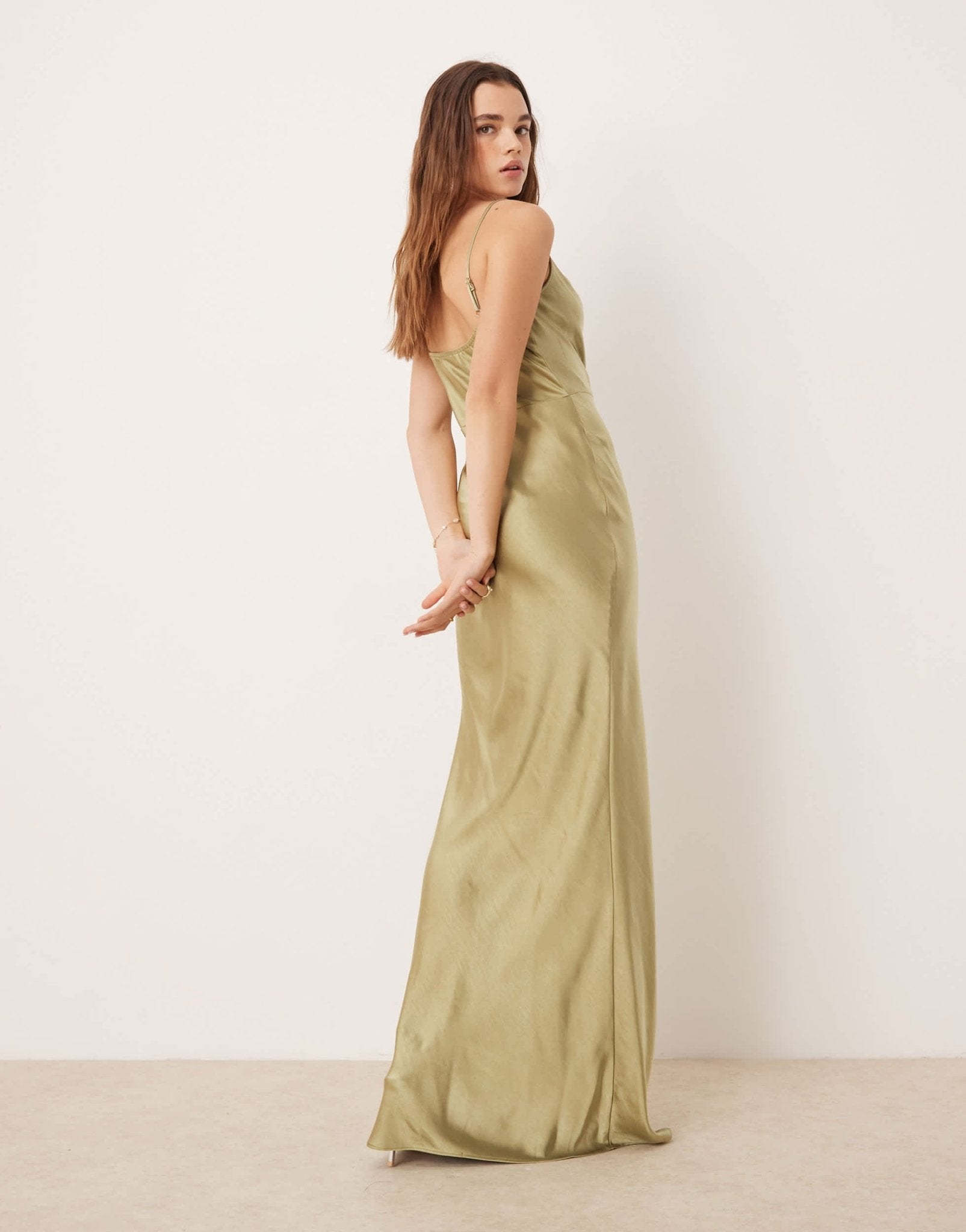 Pretty Lavish Bridesmaid Keisha cowl neck satin maxi dress in olive - ASOS Sample Sale