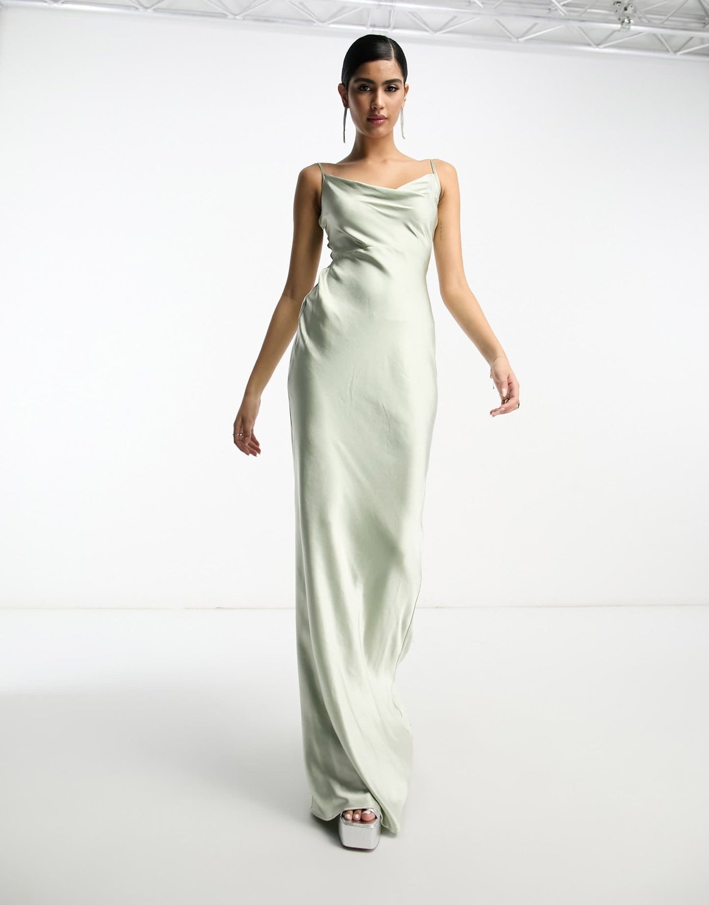 Pretty Lavish Bridesmaid Keisha cowl neck satin maxi dress in sage green - ASOS Sample Sale