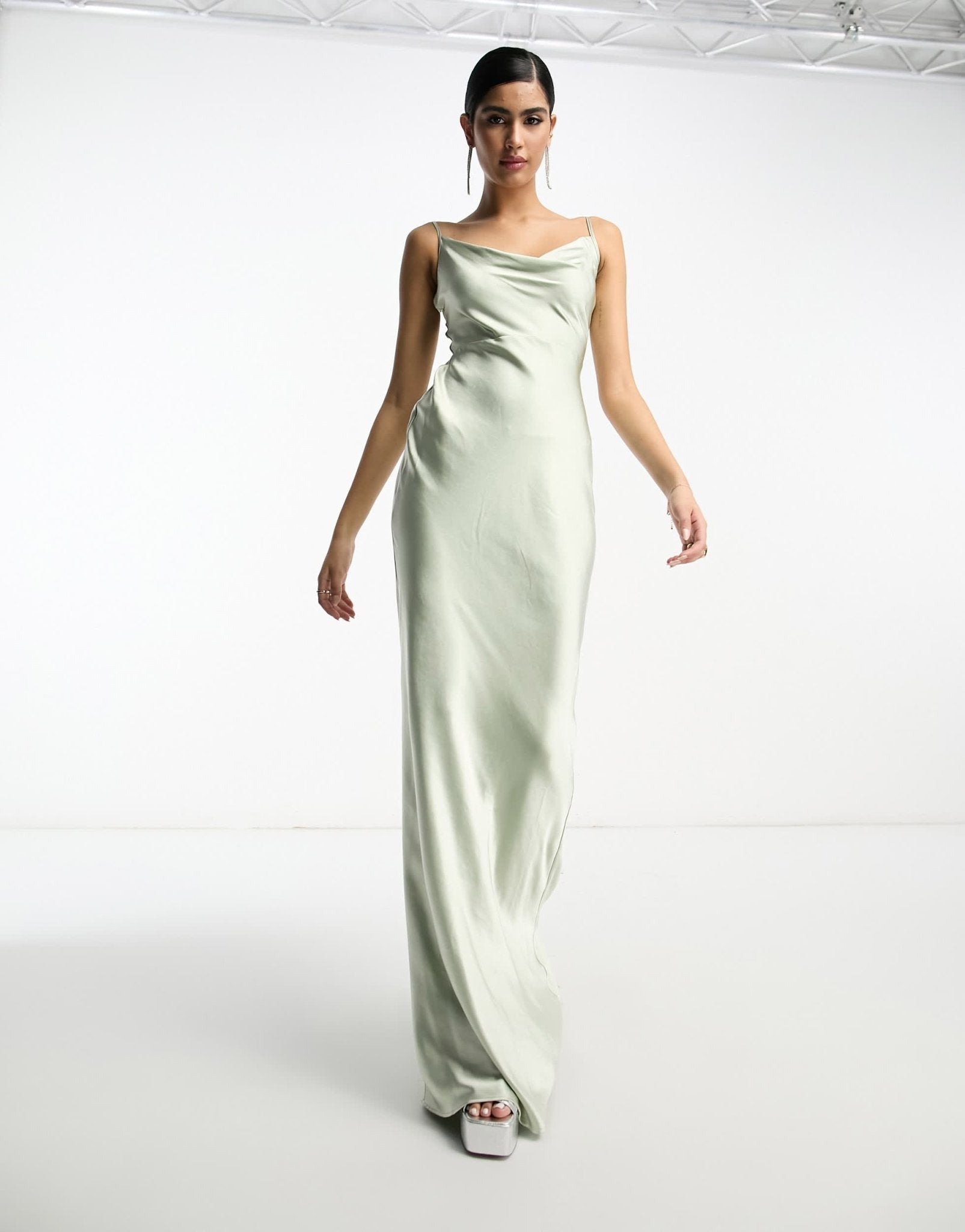 Pretty Lavish Bridesmaid Keisha cowl neck satin maxi dress in sage green - ASOS Sample Sale