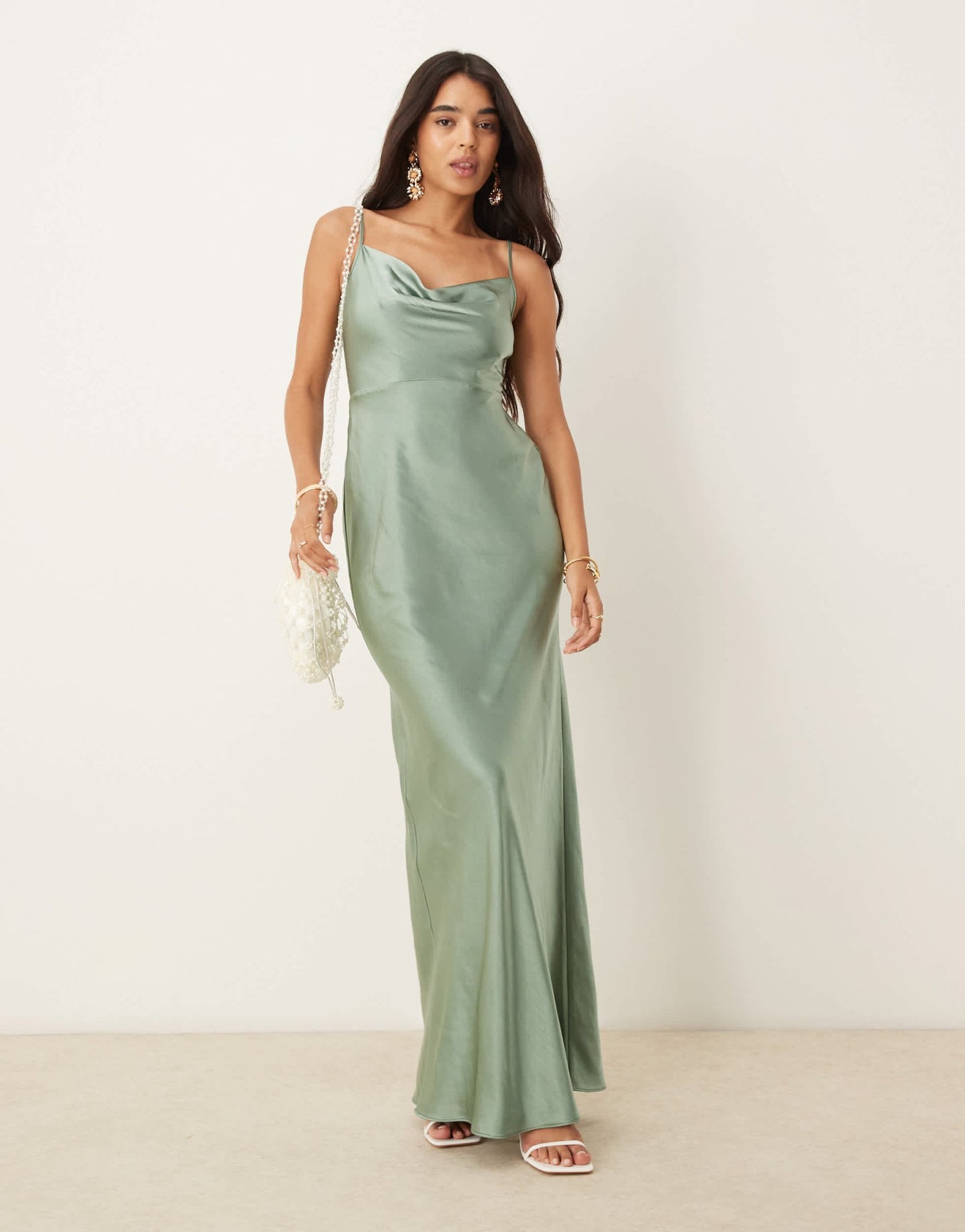 Pretty Lavish Bridesmaid Keisha satin cowl neck maxi dress in eucalyptus - ASOS Sample Sale