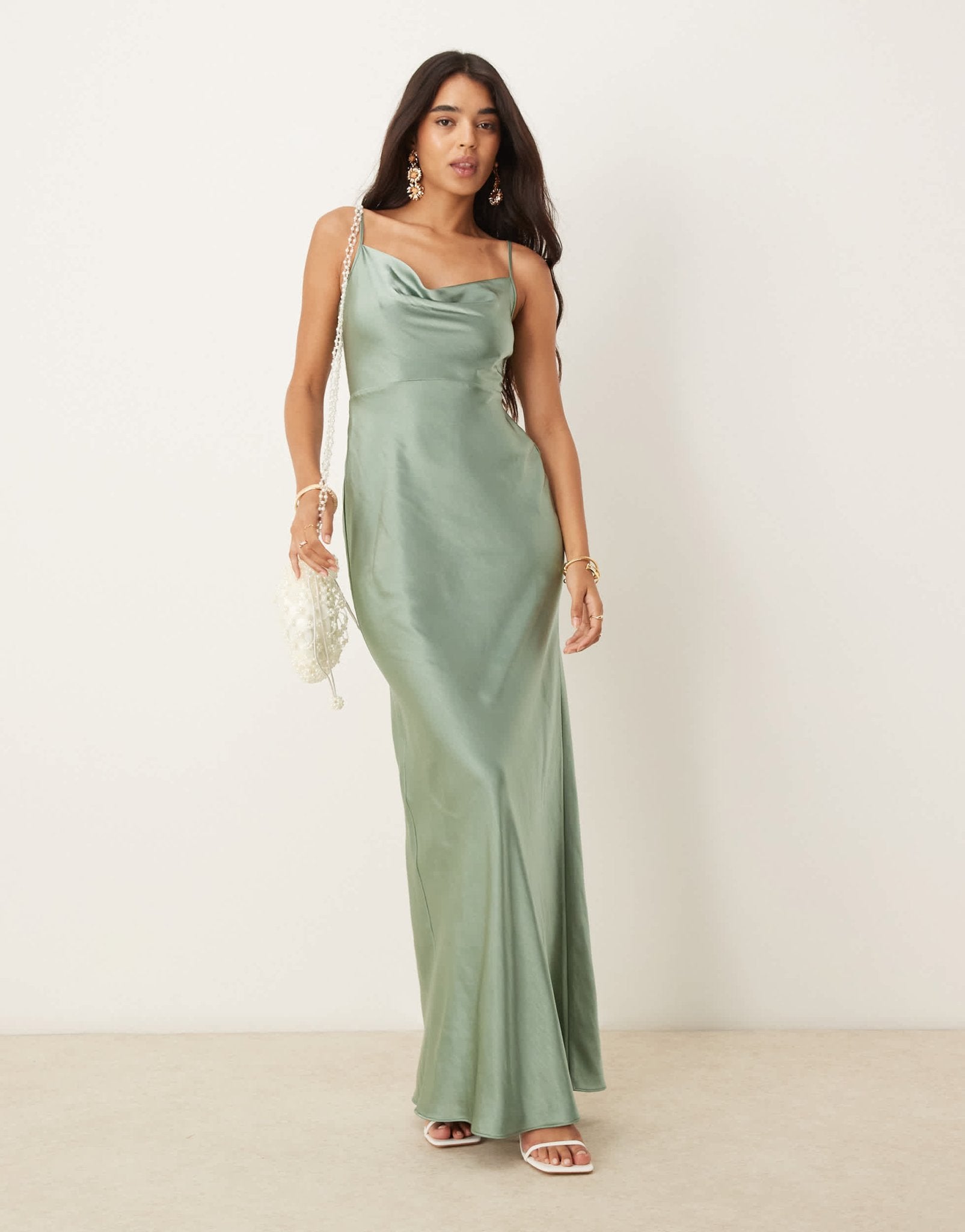 Pretty Lavish Bridesmaid Keisha satin cowl neck maxi dress in eucalyptus - ASOS Sample Sale
