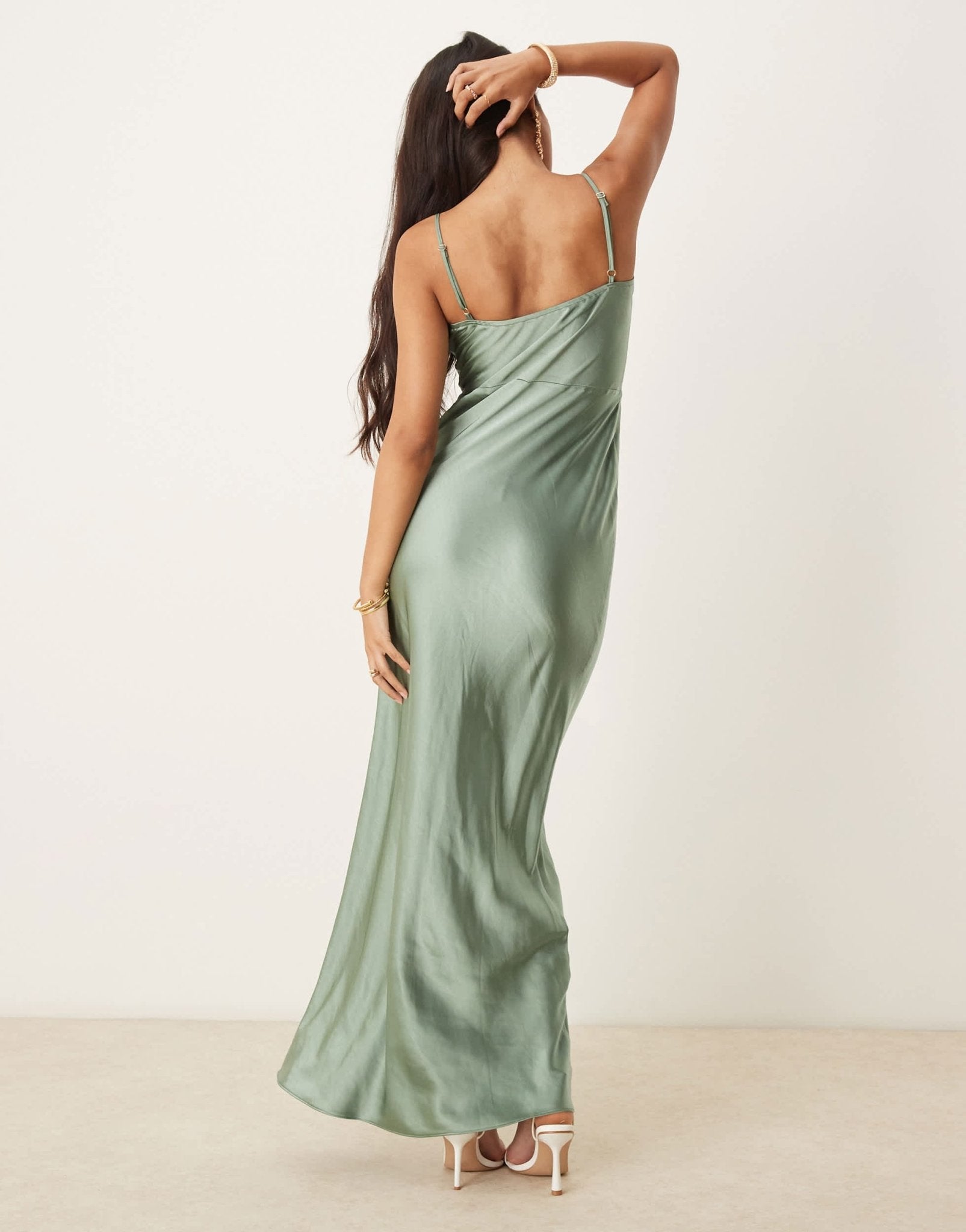 Pretty Lavish Bridesmaid Keisha satin cowl neck maxi dress in eucalyptus - ASOS Sample Sale