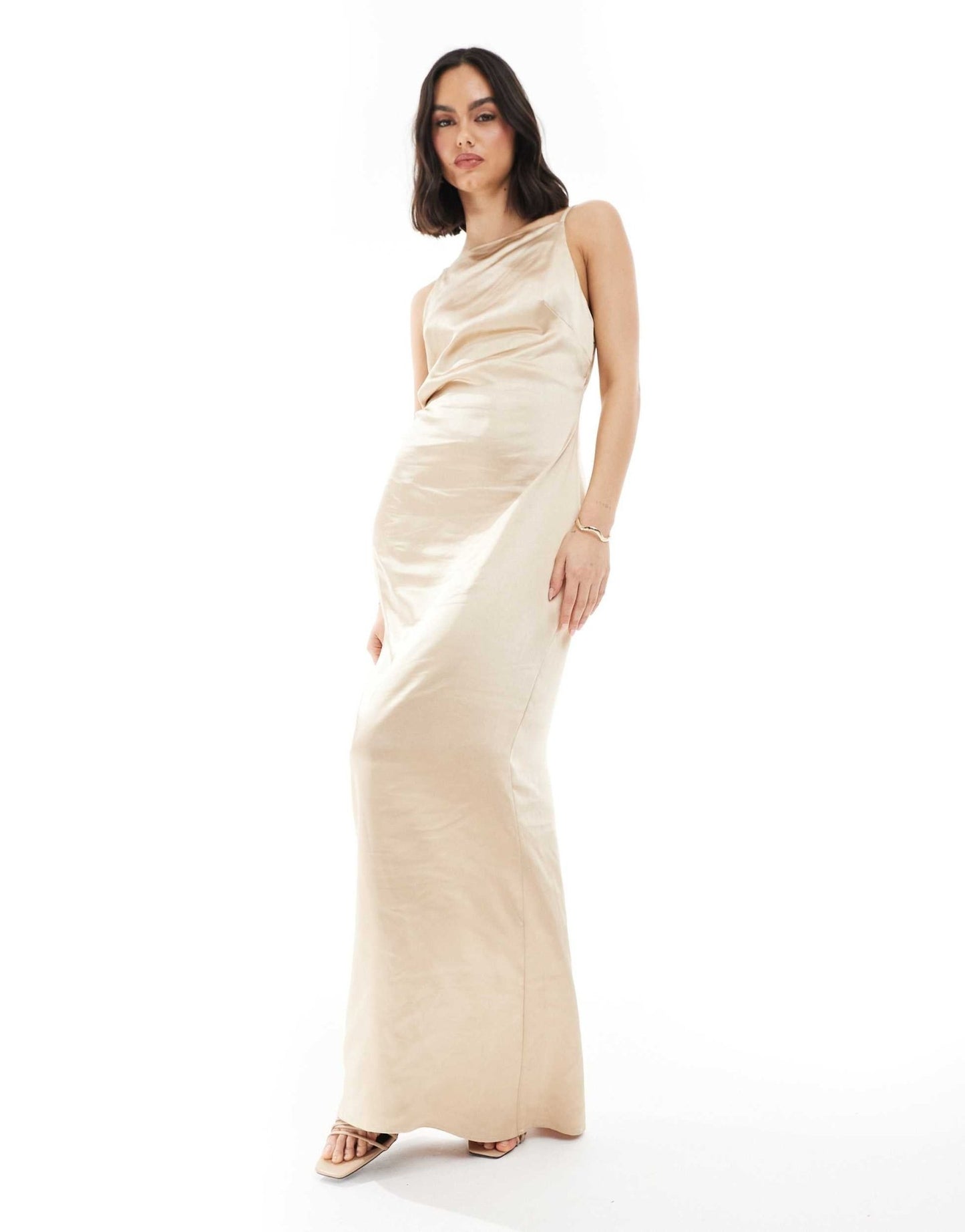 Pretty Lavish Bridesmaid satin boat neck maxi dress in matte gold - ASOS Sample Sale