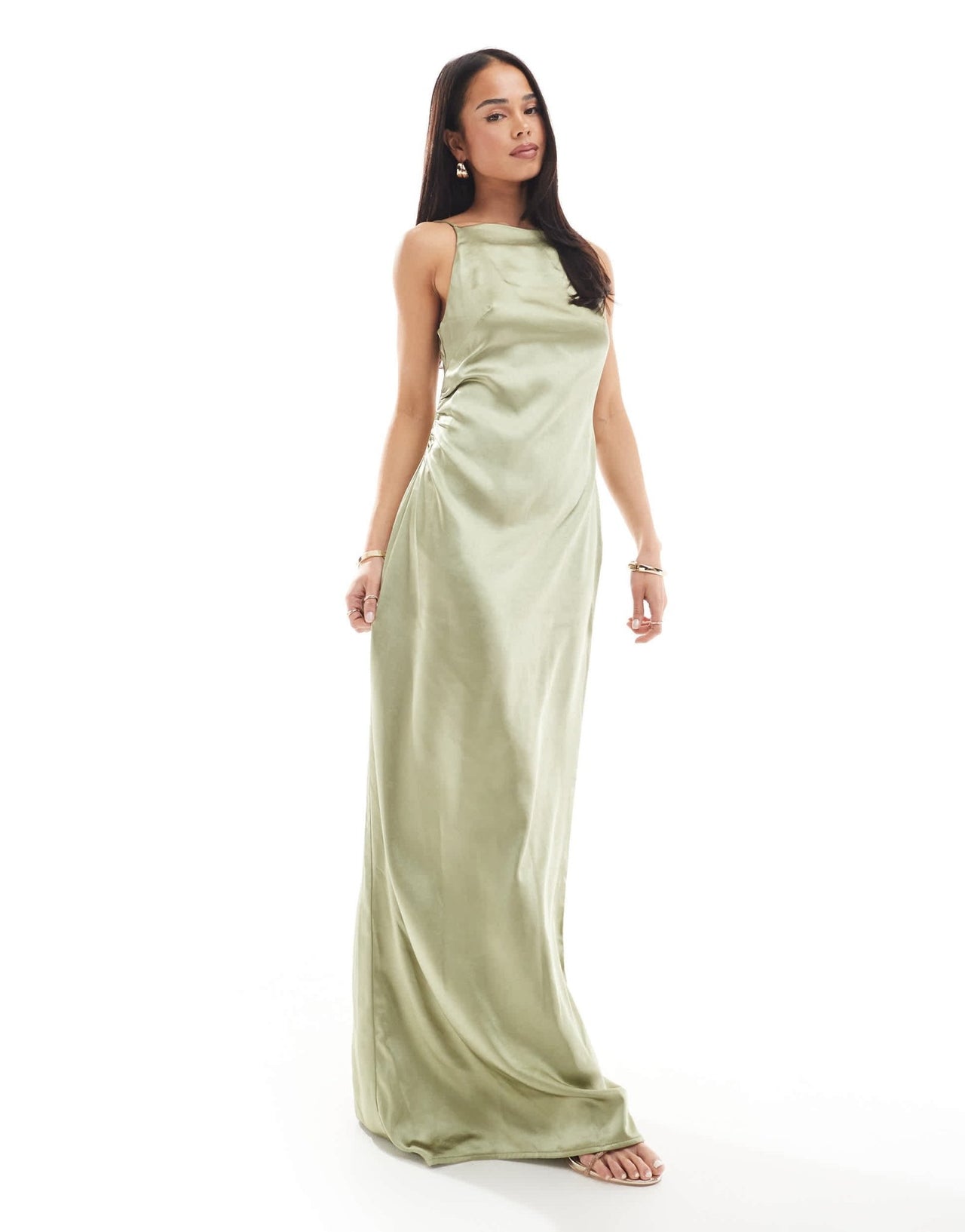 Pretty Lavish Bridesmaid satin boat neck maxi dress in olive - ASOS Sample Sale