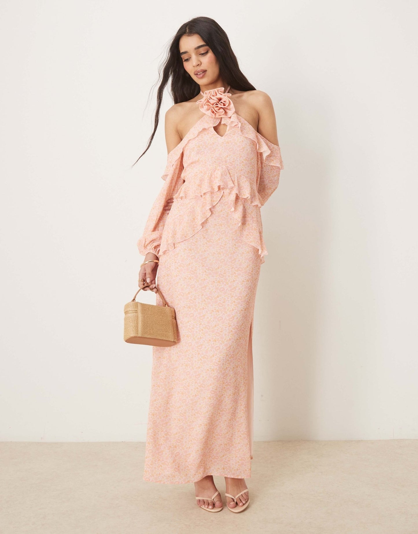 Pretty Lavish chiffon corsage ruffle maxi dress in pink ditsy floral - ASOS Sample Sale