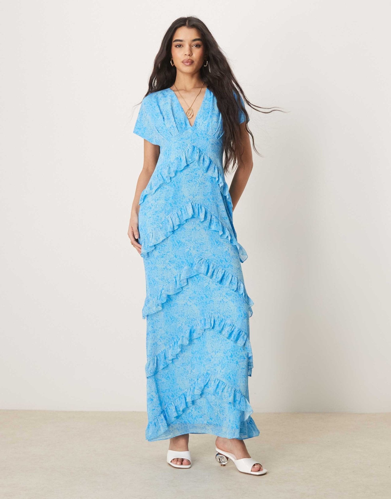 Pretty Lavish chiffon ruffle maxi dress in abstract blue floral - ASOS Sample Sale