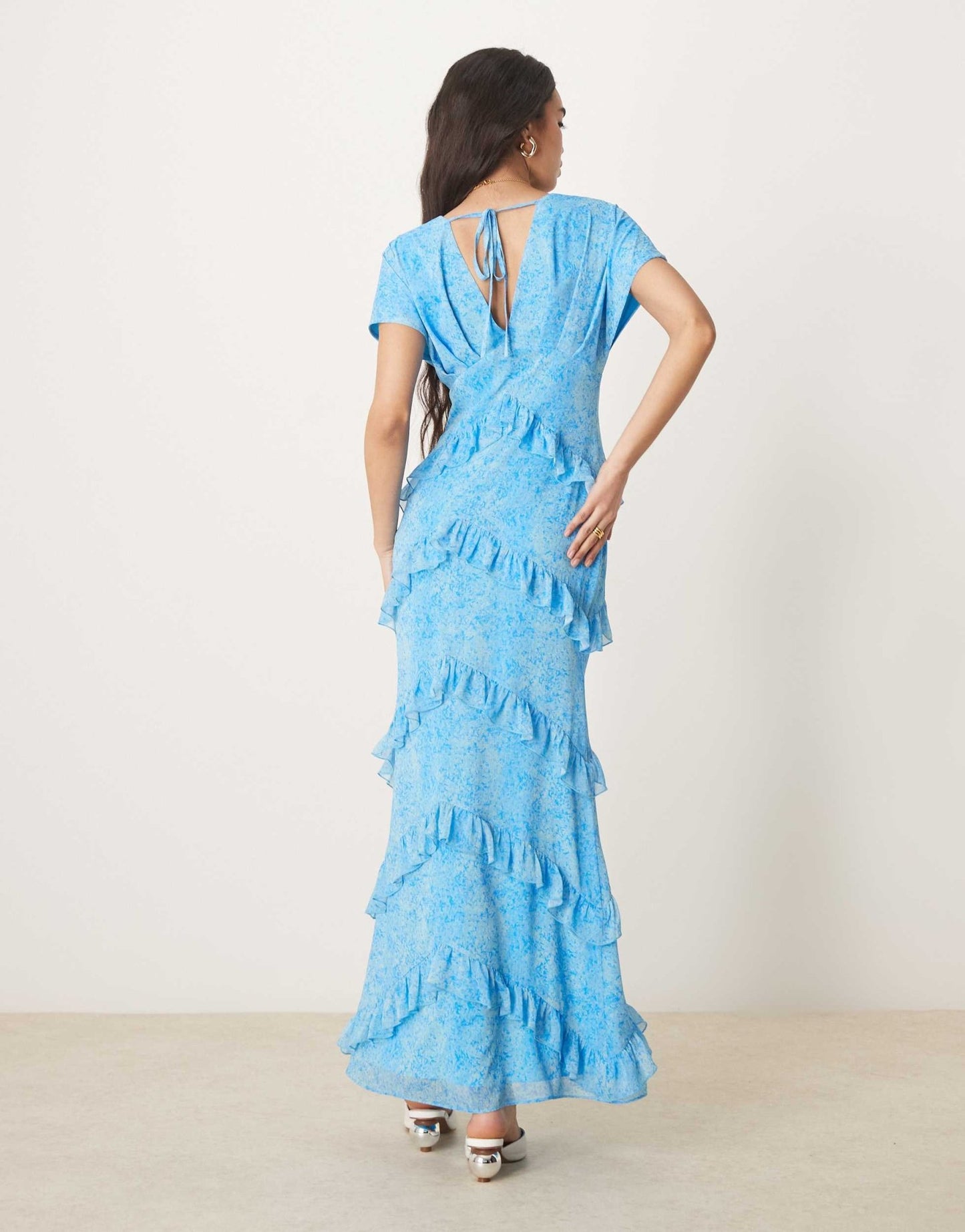 Pretty Lavish chiffon ruffle maxi dress in abstract blue floral - ASOS Sample Sale