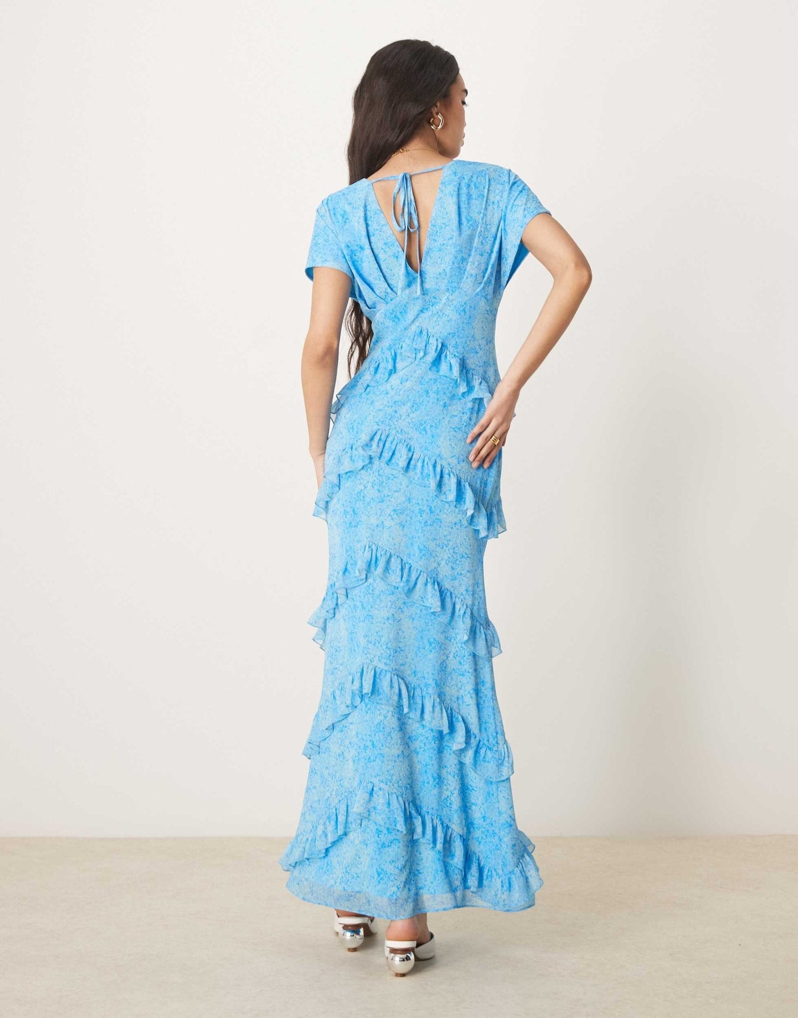Pretty Lavish chiffon ruffle maxi dress in abstract blue floral - ASOS Sample Sale