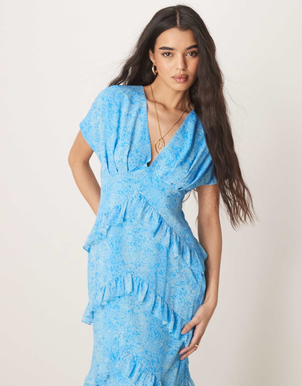 Pretty Lavish chiffon ruffle maxi dress in abstract blue floral - ASOS Sample Sale