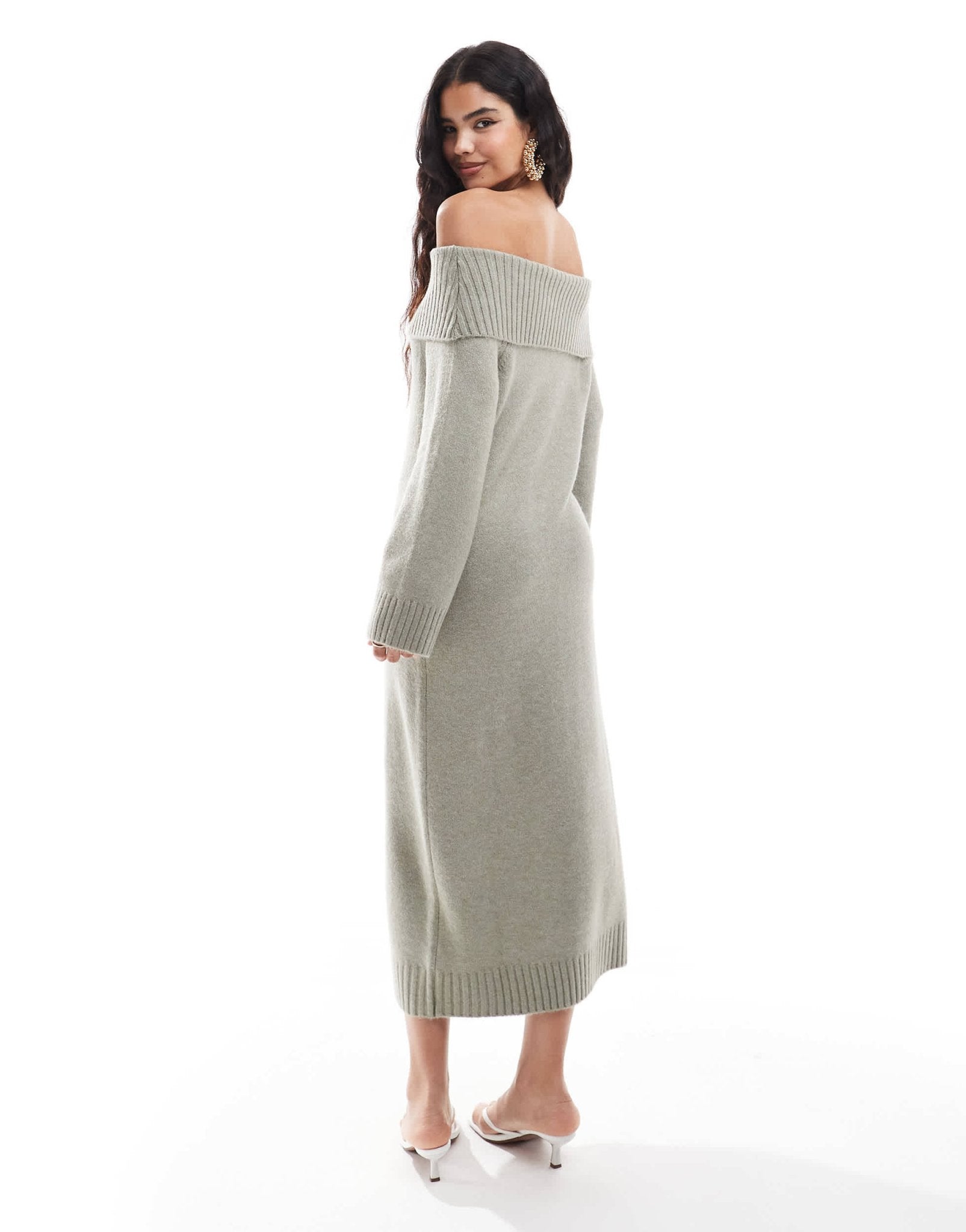 Pretty Lavish chunky knit bardot midaxi dress in sage - ASOS Sample Sale