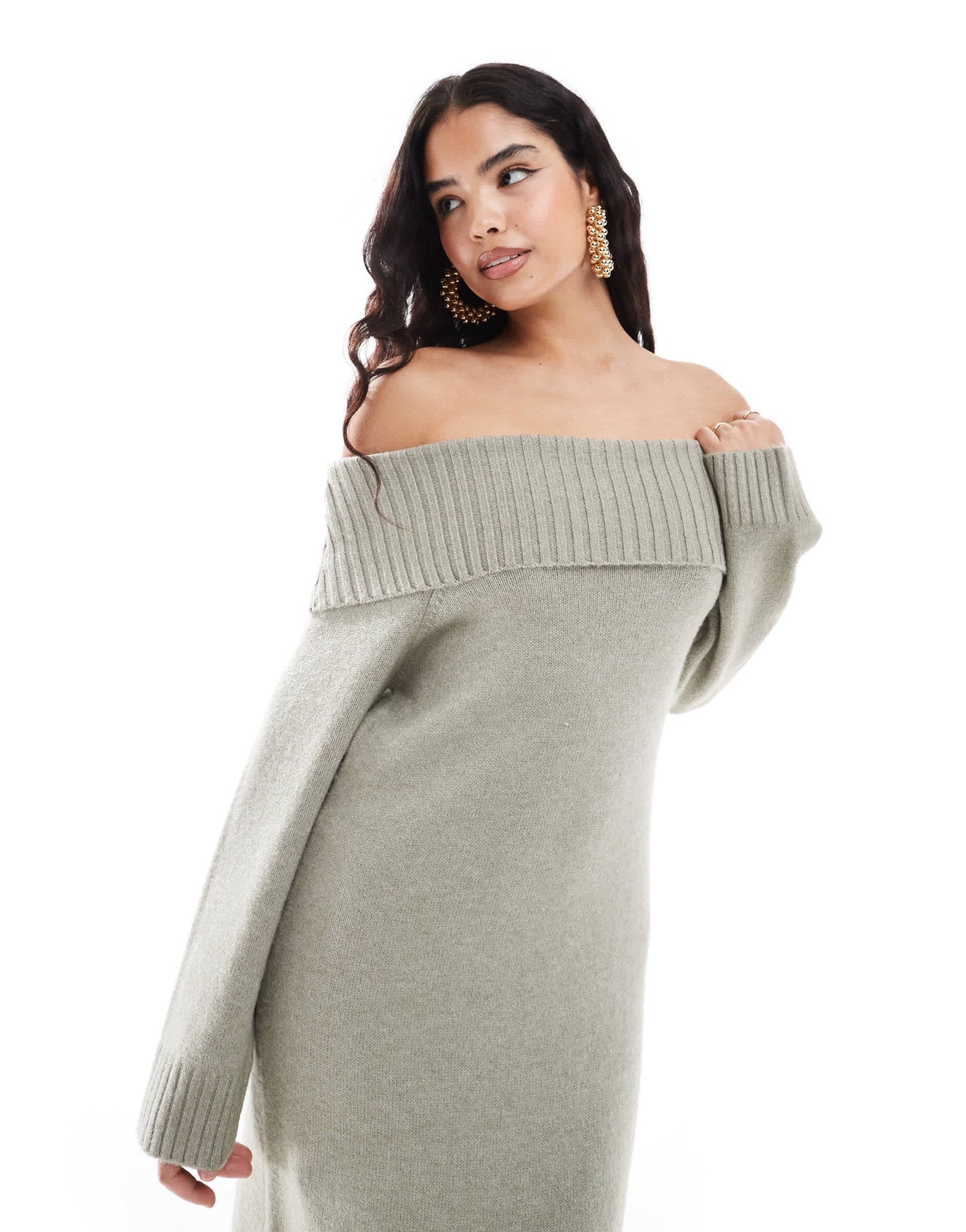 Pretty Lavish chunky knit bardot midaxi dress in sage - ASOS Sample Sale