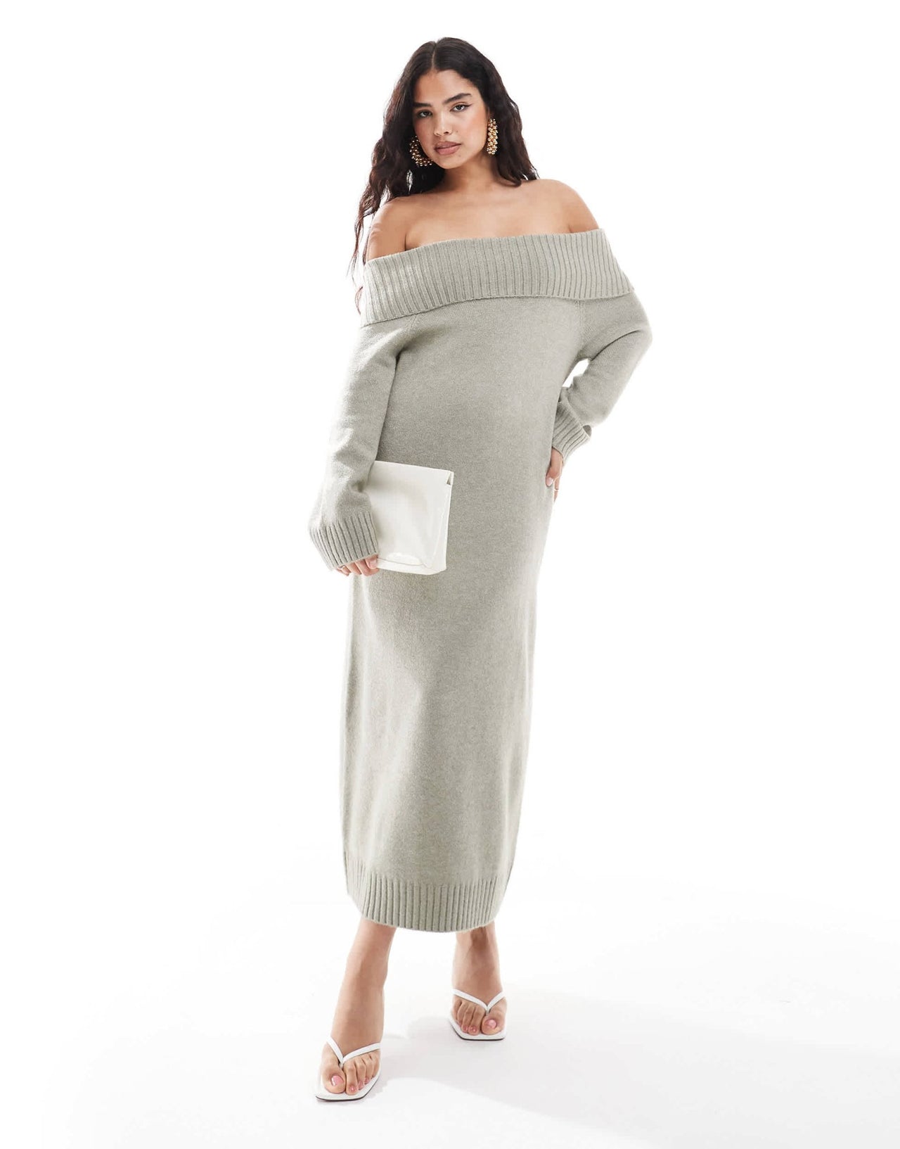 Pretty Lavish chunky knit bardot midaxi dress in sage - ASOS Sample Sale