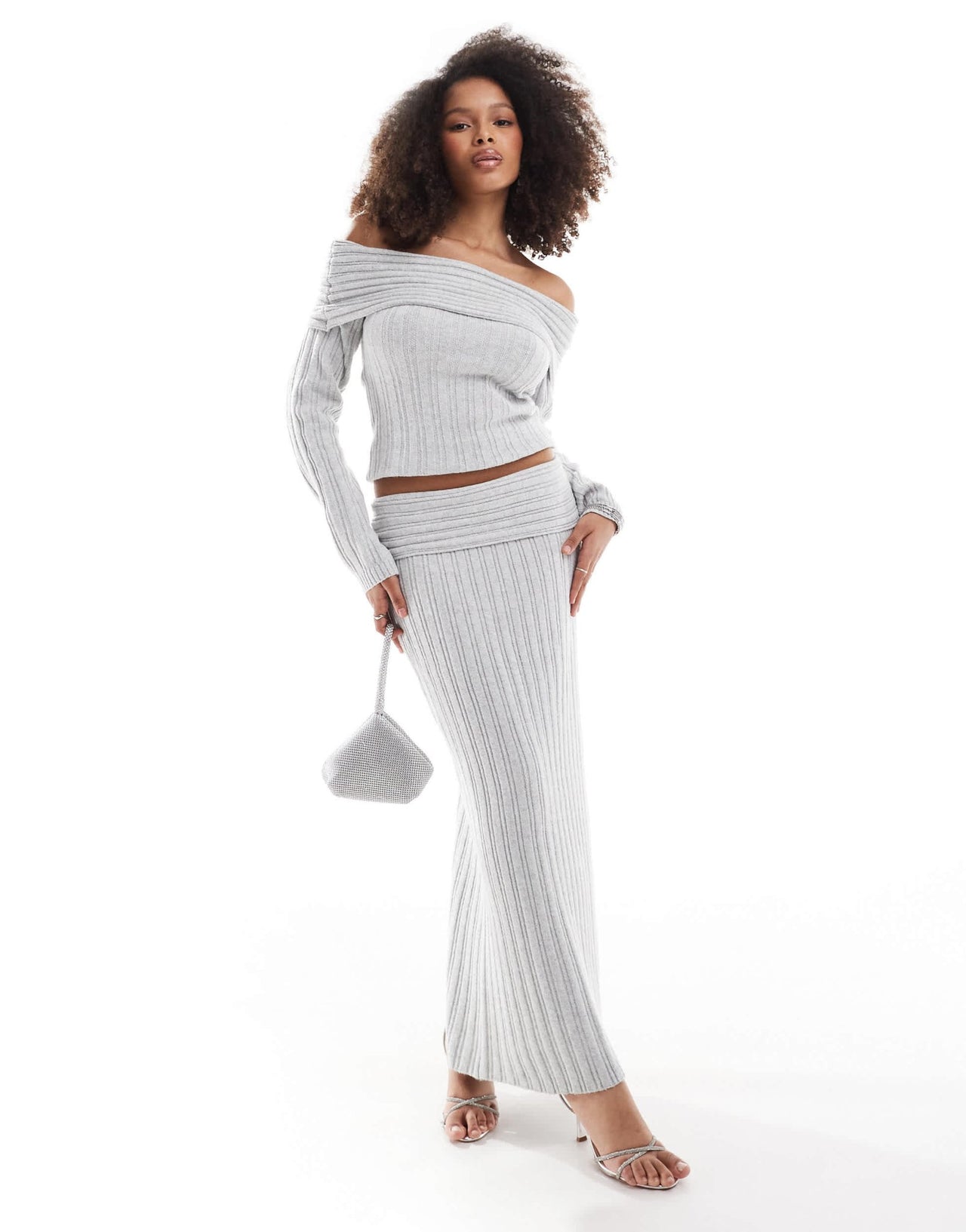 Pretty Lavish cosy bardot rib knit jumper in grey co - ord - ASOS Sample Sale