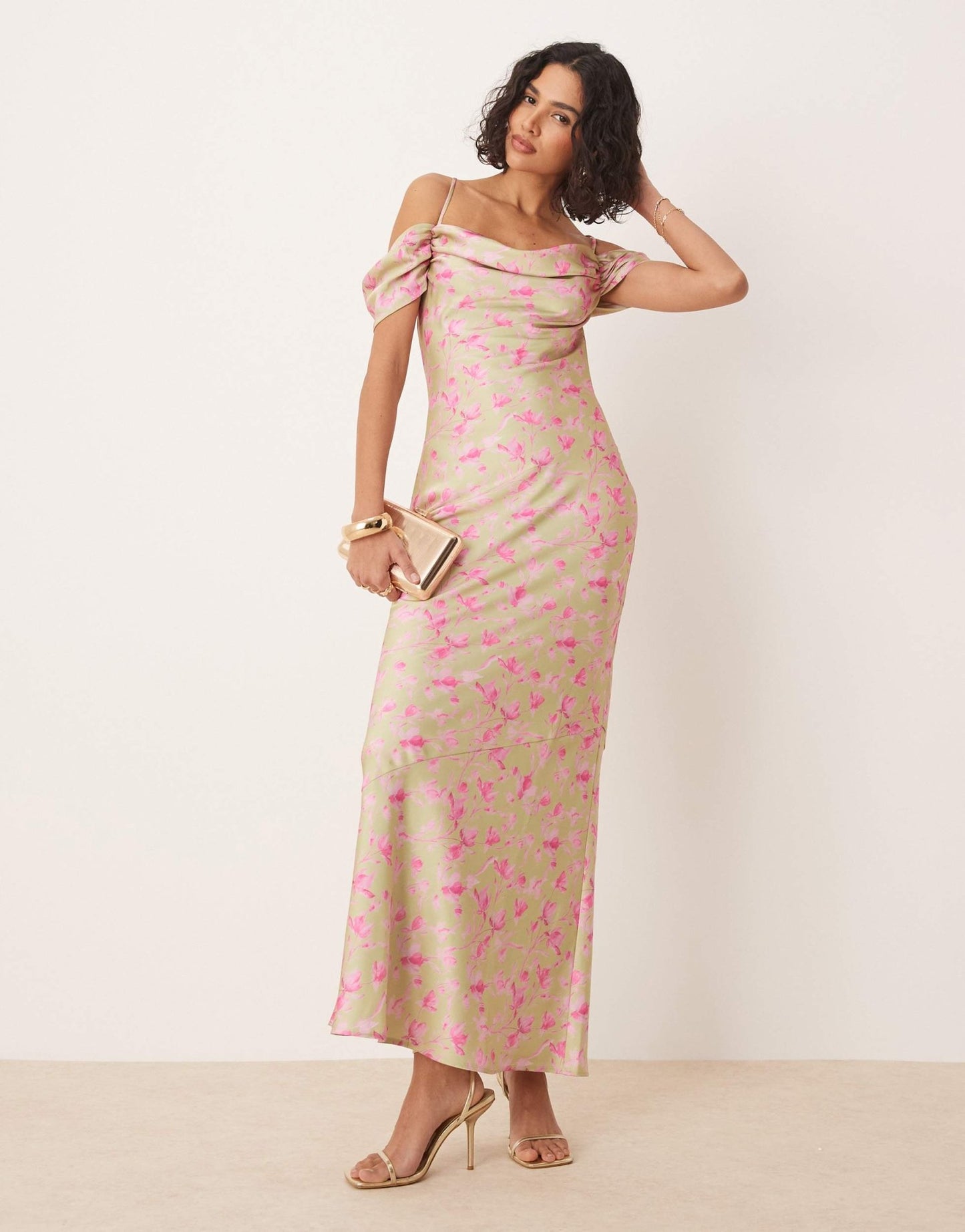 Pretty Lavish cowl neck slip maxi dress in olive and fuchsia floral - ASOS Sample Sale
