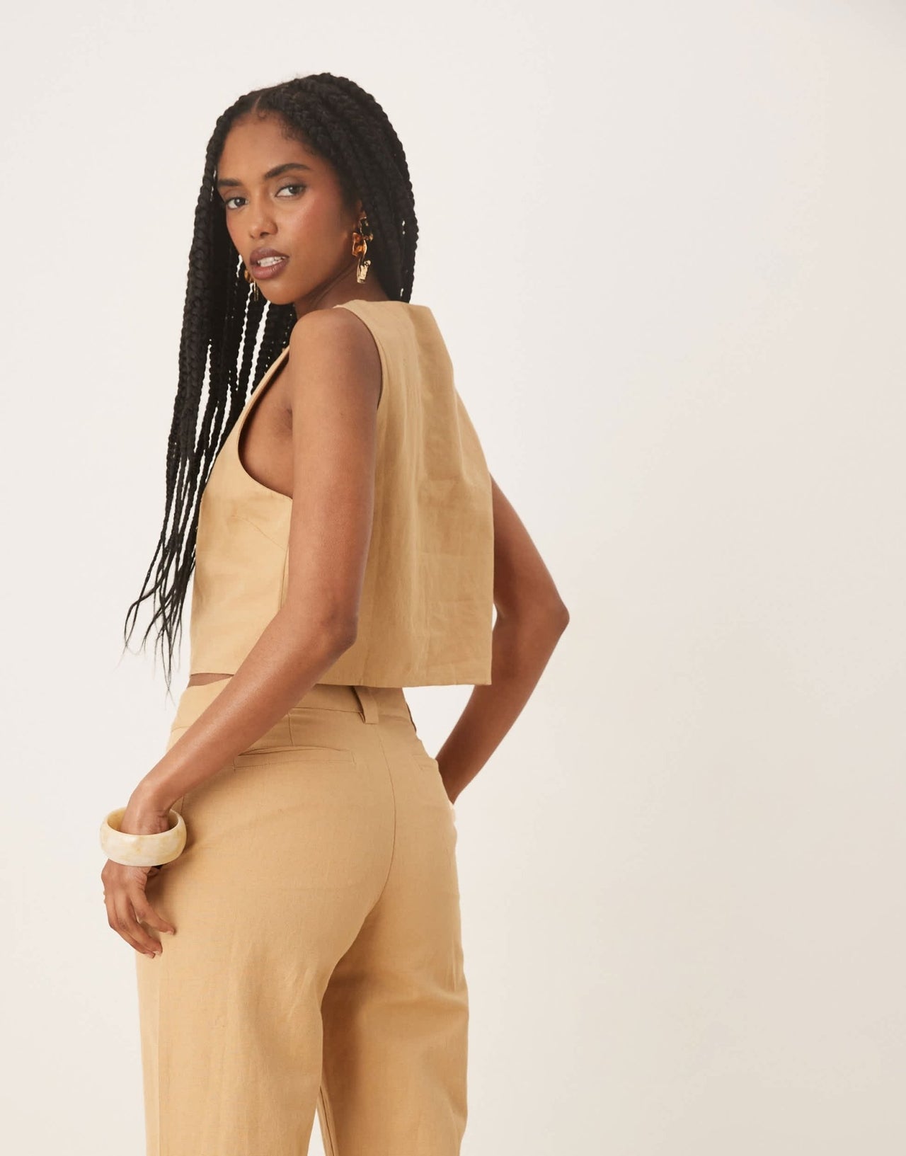 Pretty Lavish cropped linen button top co-ord in camel - ASOS Sample Sale
