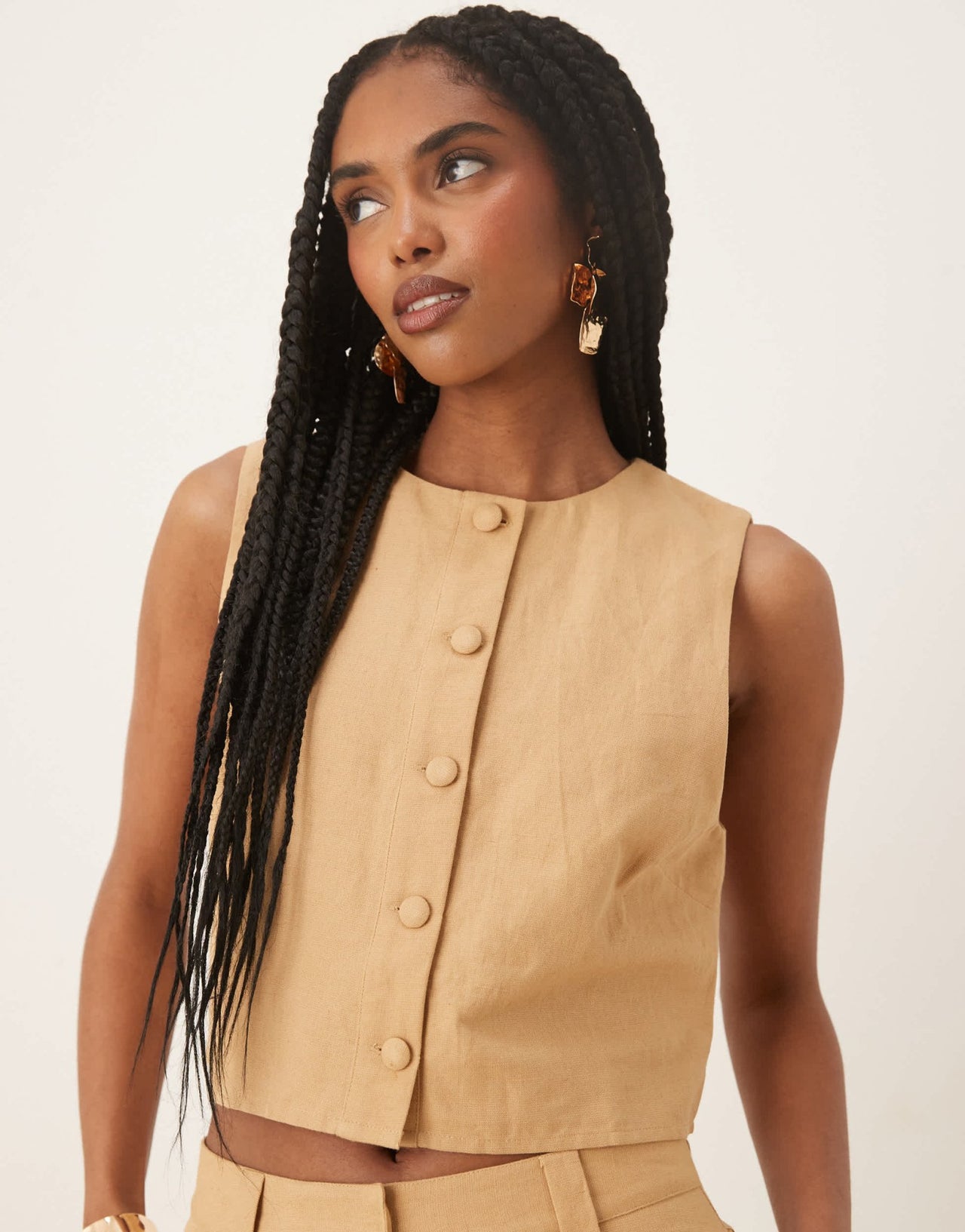 Pretty Lavish cropped linen button top co-ord in camel - ASOS Sample Sale