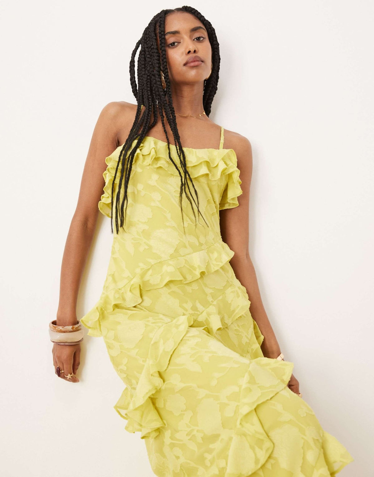 Pretty Lavish cross front ruffle midaxi dress in chartreuse - ASOS Sample Sale