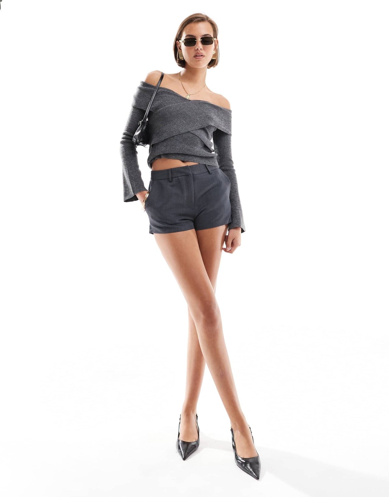 Pretty Lavish cross over knit top in dark grey - ASOS Sample Sale
