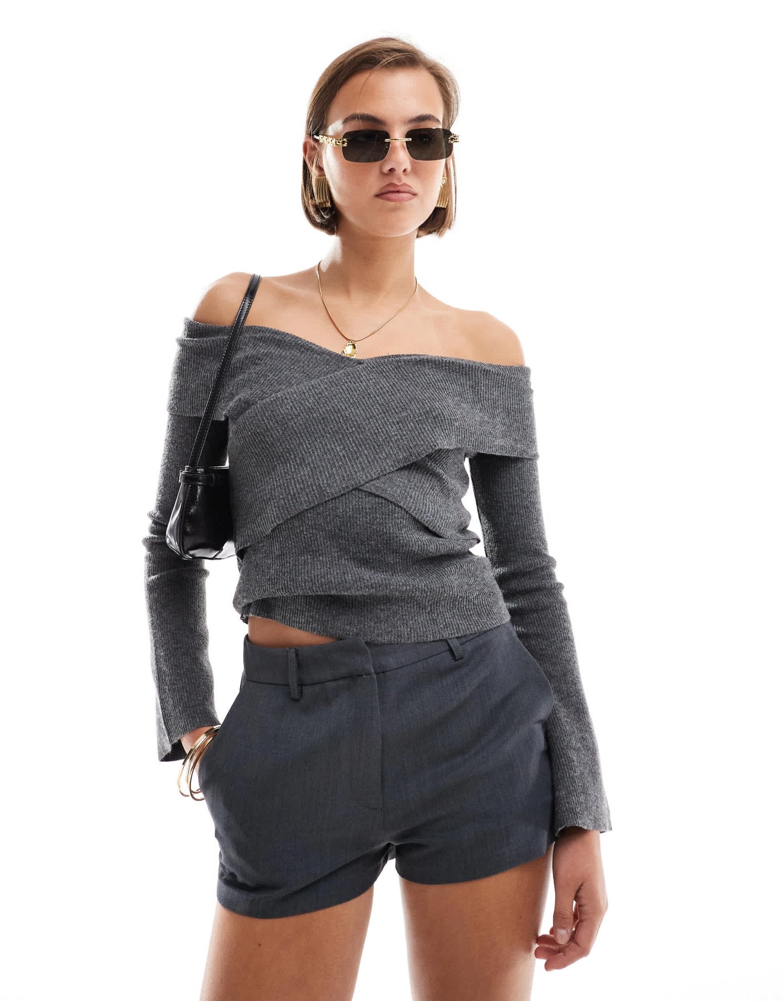 Pretty Lavish cross over knit top in dark grey - ASOS Sample Sale