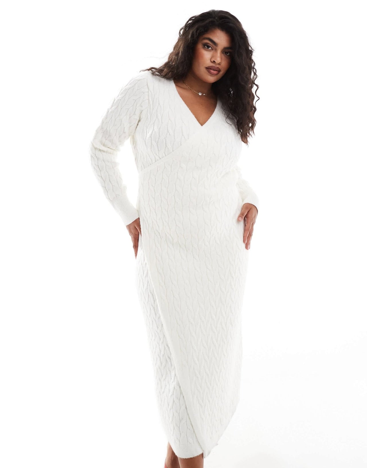 Pretty Lavish Curve cable knit wrap midaxi dress in cream - ASOS Sample Sale