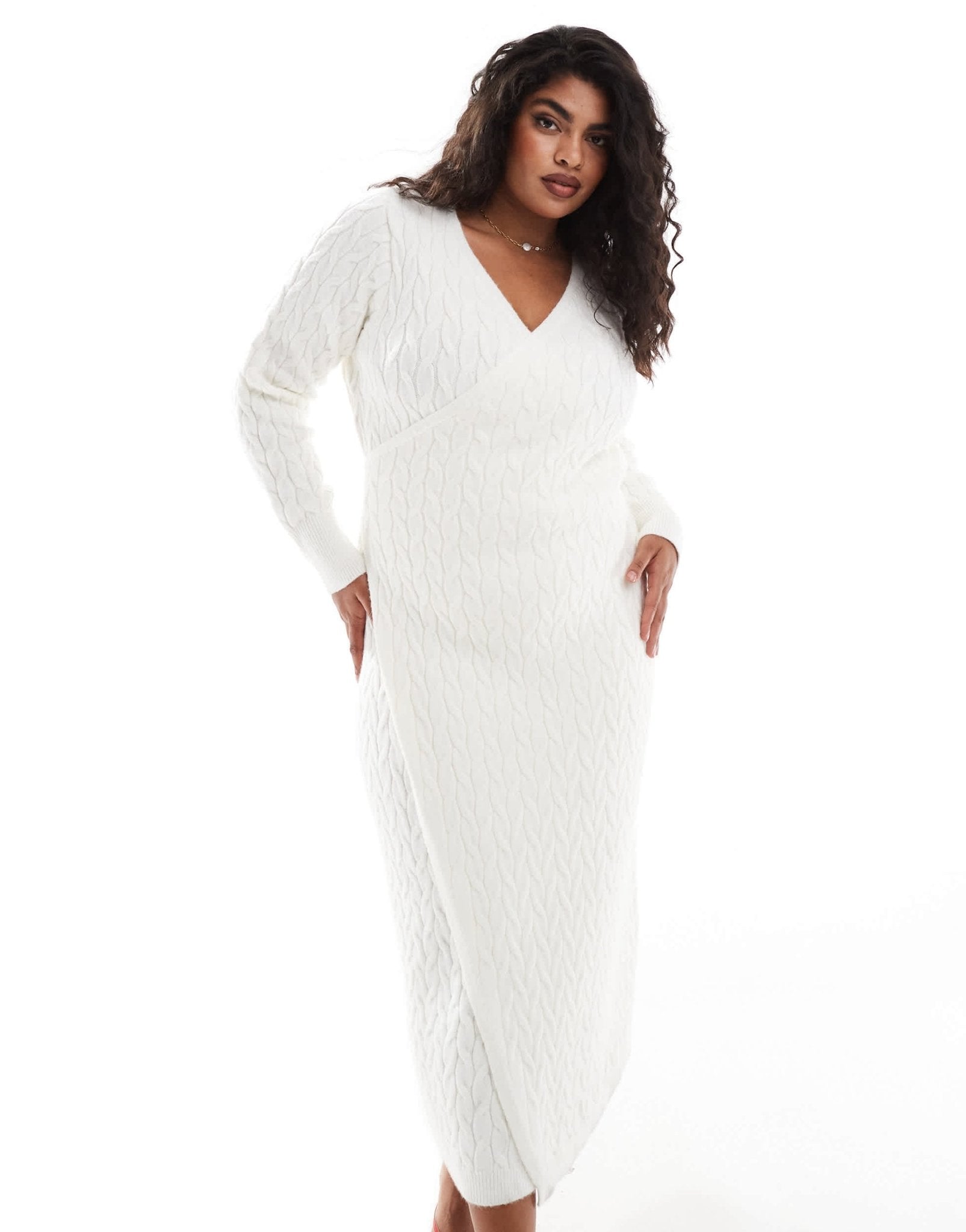 Pretty Lavish Curve cable knit wrap midaxi dress in cream - ASOS Sample Sale